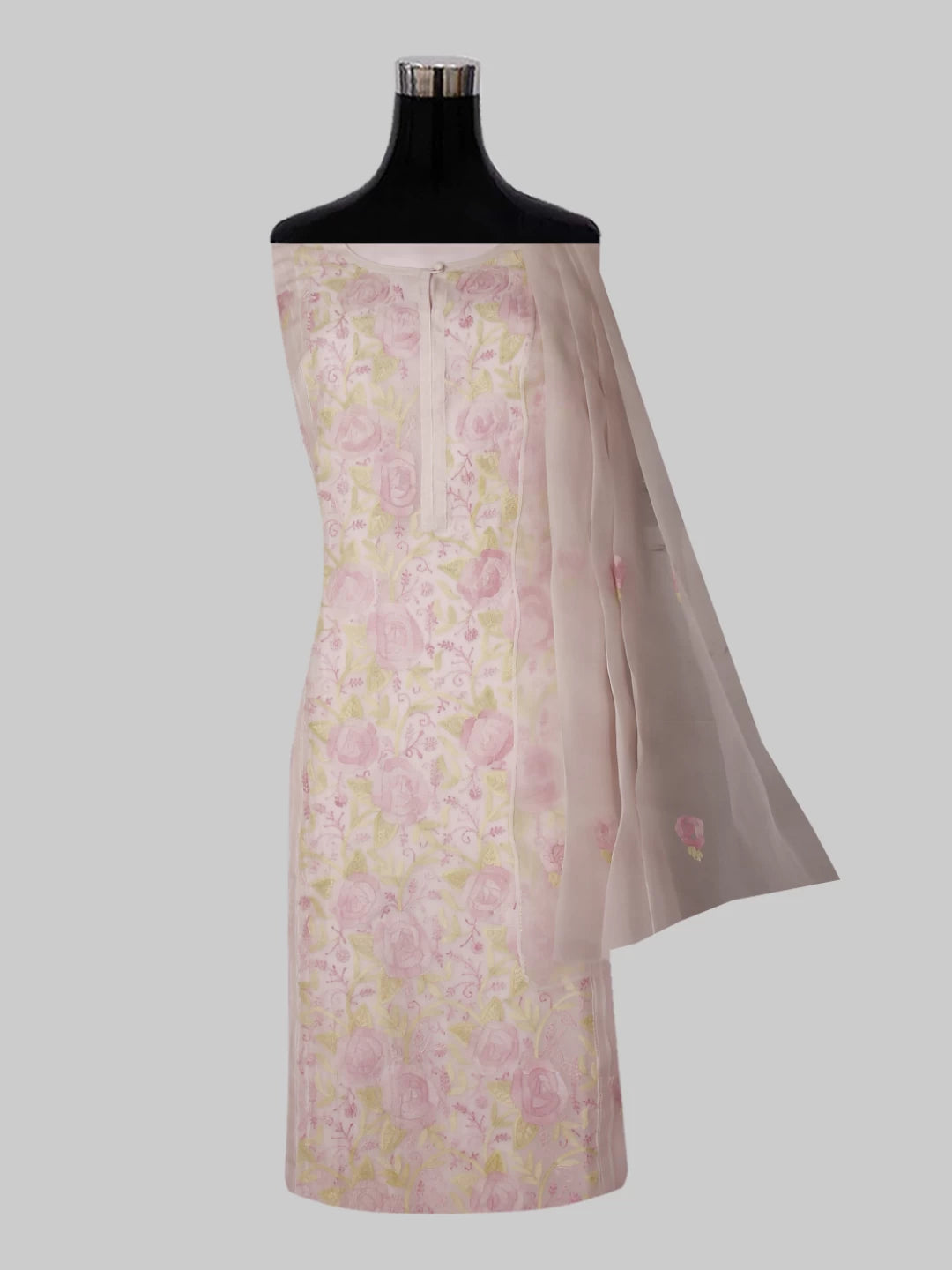 Ada Hand Embroidered Light Pink Organza Lucknowi Chikankari Semi stitched Kurta Dupatta Set 01A447090