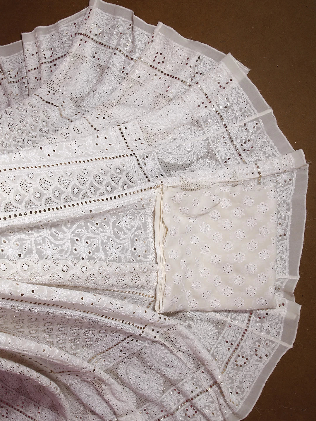 Ada Hand Embroidered Ivory White Pure Georgette Lucknowi Chikankari Lehenga Set With Muqaish Work 01A377870