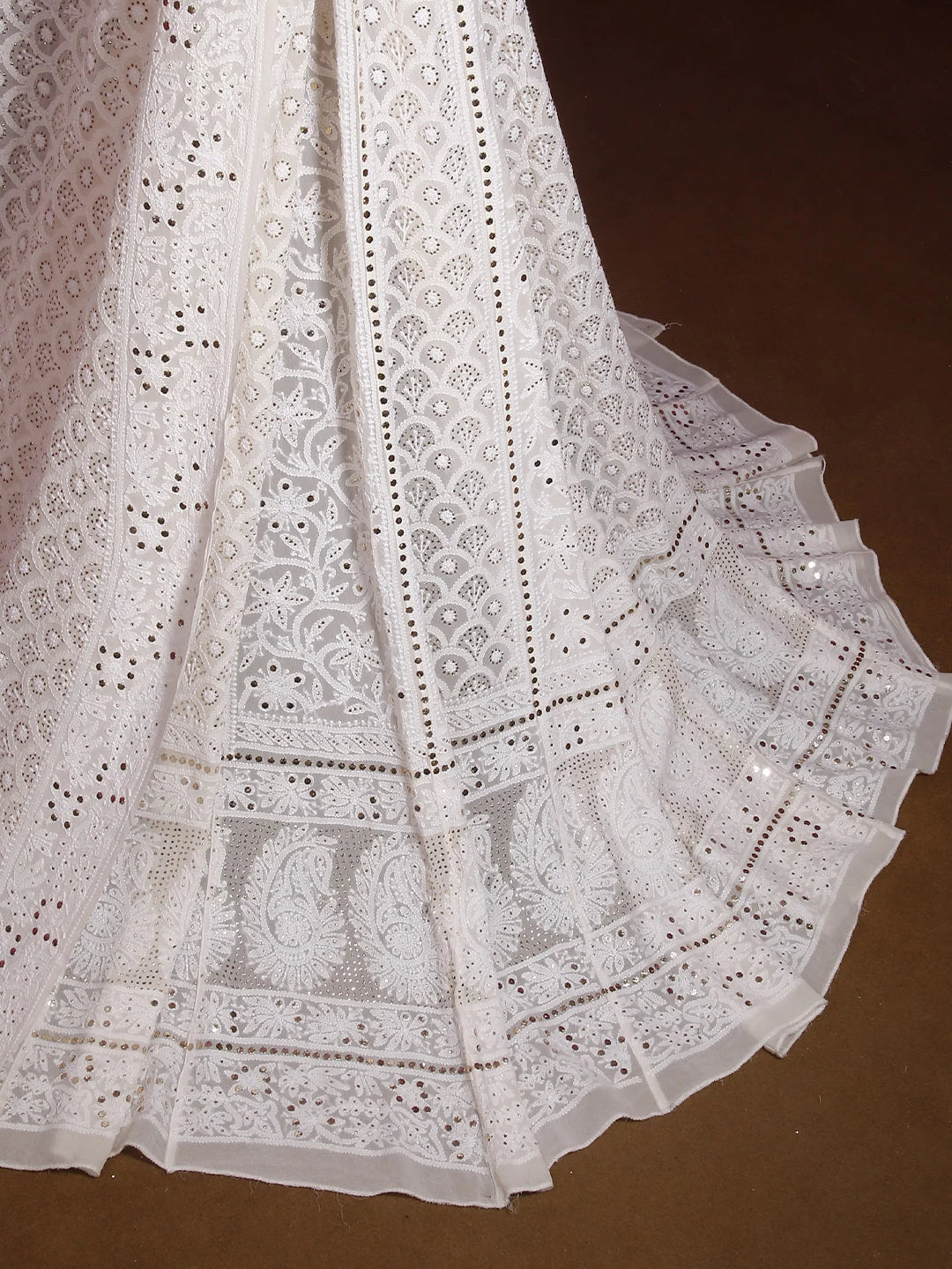 Ada Hand Embroidered Ivory White Pure Georgette Lucknowi Chikankari Lehenga Set With Muqaish Work 01A377870