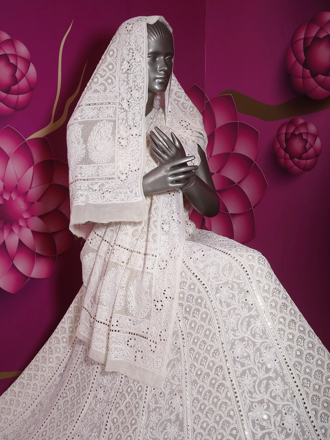 Ada Hand Embroidered Ivory White Pure Georgette Lucknowi Chikankari Lehenga Set With Muqaish Work 01A377870