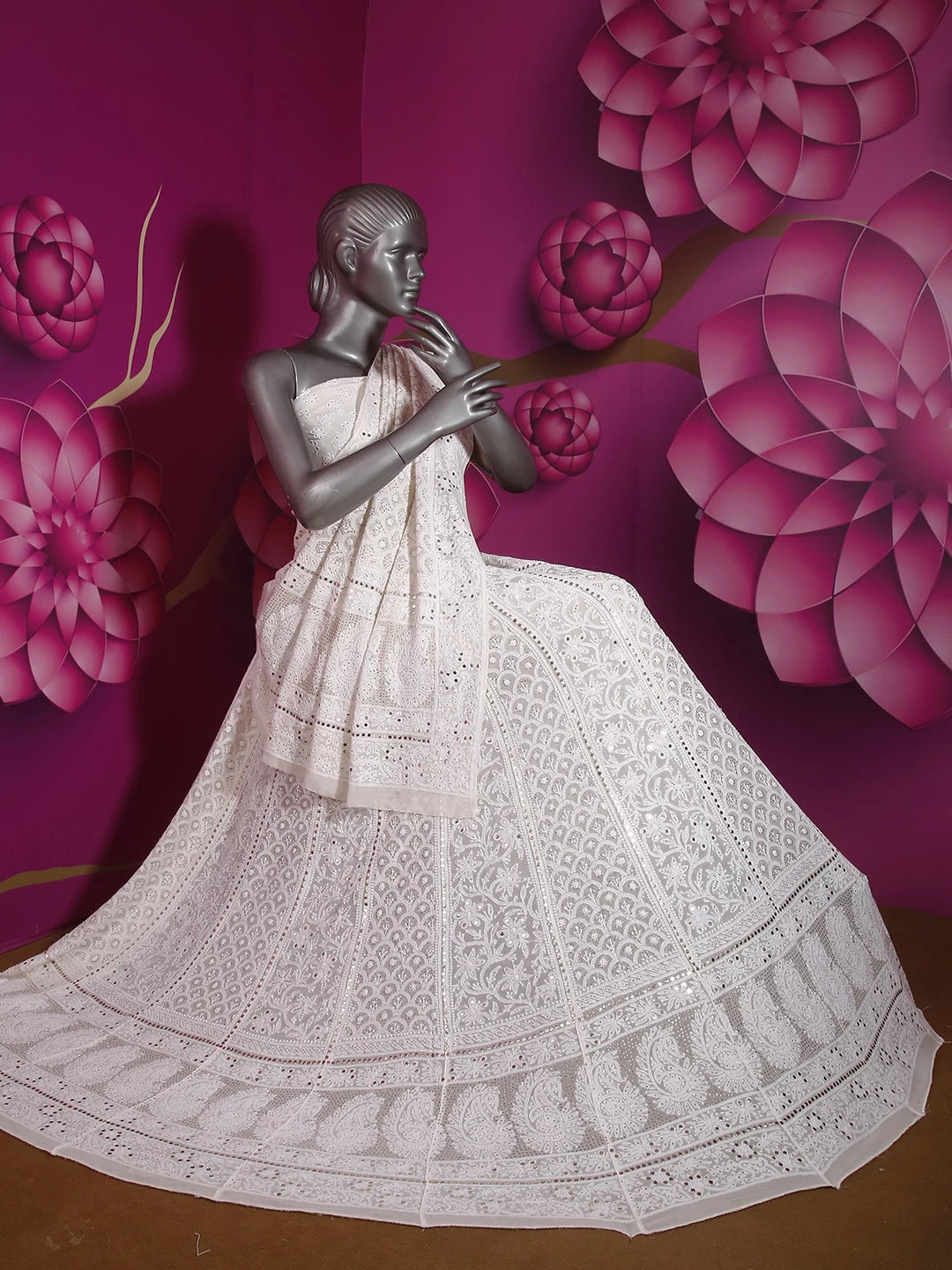 Ada Hand Embroidered Ivory White Pure Georgette Lucknowi Chikankari Lehenga Set With Muqaish Work 01A377870