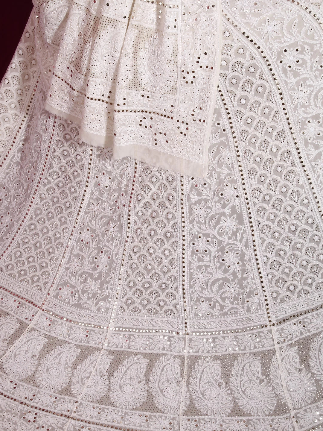 Ada Hand Embroidered Ivory White Pure Georgette Lucknowi Chikankari Lehenga Set With Muqaish Work 01A377870
