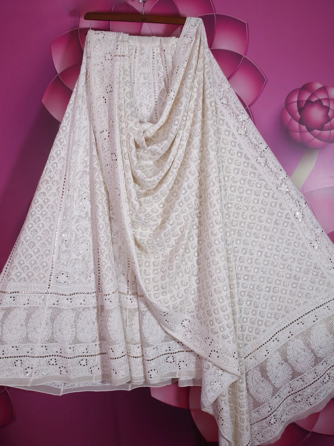 Ada Hand Embroidered Ivory White Pure Georgette Lucknowi Chikankari Lehenga Set With Muqaish Work 01A377870
