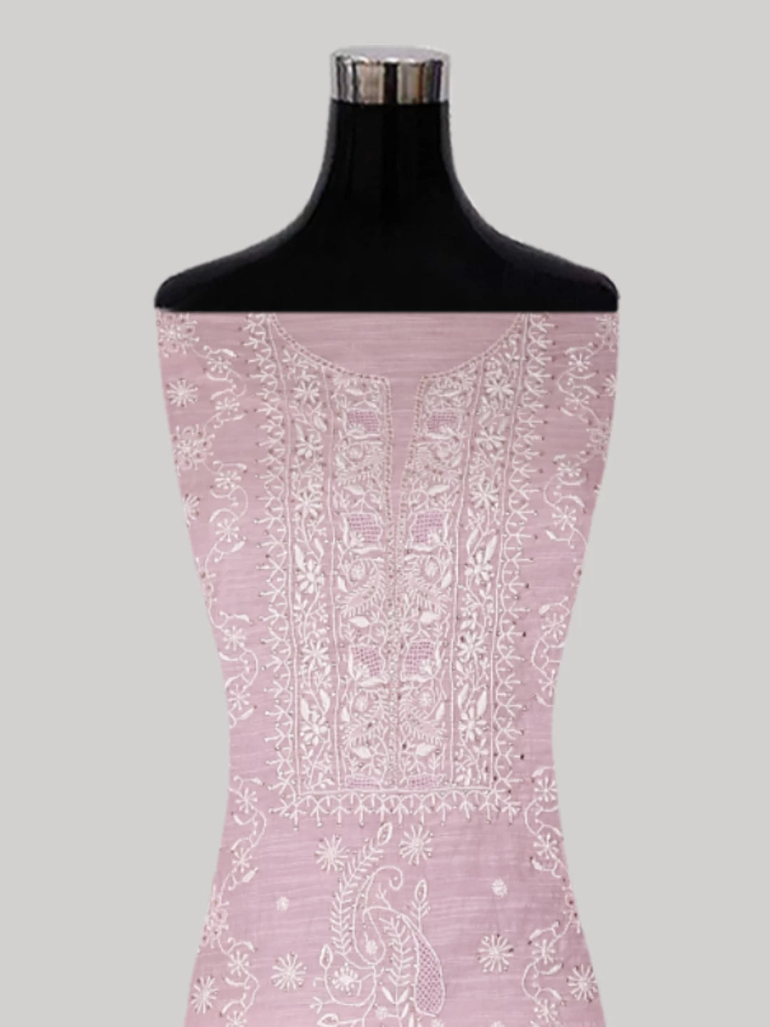 Ada Hand Embroidered Blush Pink Chanderi Lucknowi Chikankari Unstitched Kurta Dupatta Set With Mukaish Work 01A409559