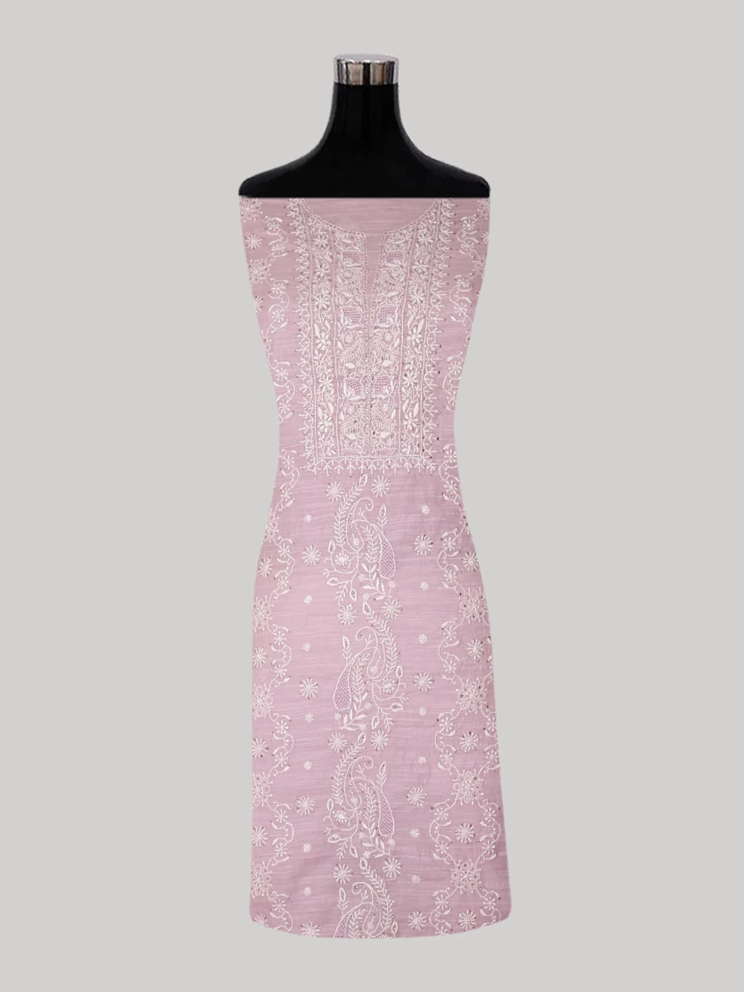 Ada Hand Embroidered Blush Pink Chanderi Lucknowi Chikankari Unstitched Kurta Dupatta Set With Mukaish Work 01A409559