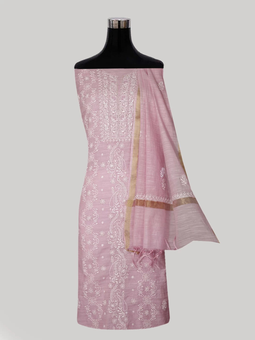 Ada Hand Embroidered Blush Pink Chanderi Lucknowi Chikankari Unstitched Kurta Dupatta Set With Mukaish Work 01A409559