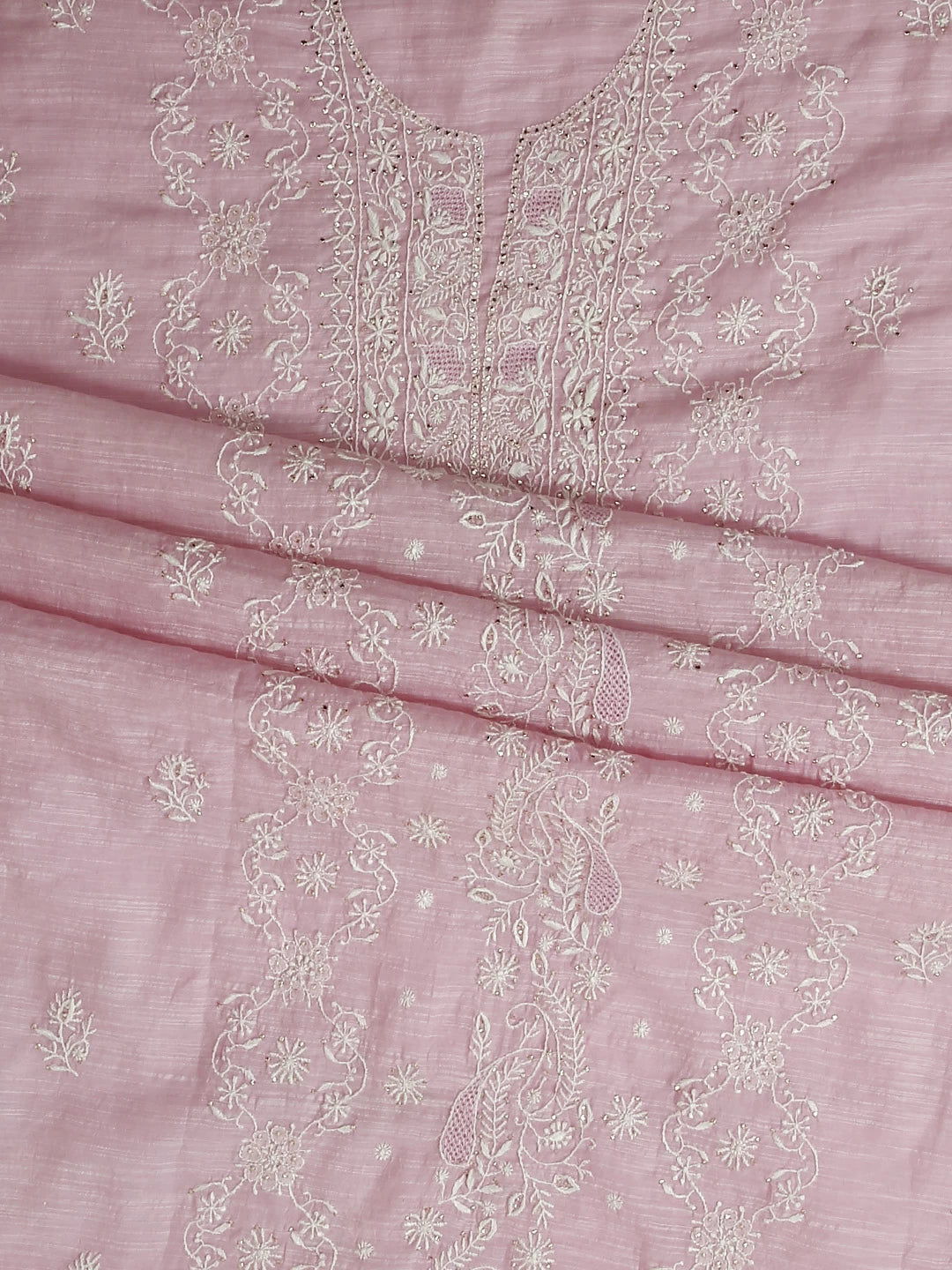 Ada Hand Embroidered Blush Pink Chanderi Lucknowi Chikankari Unstitched Kurta Dupatta Set With Mukaish Work 01A409559