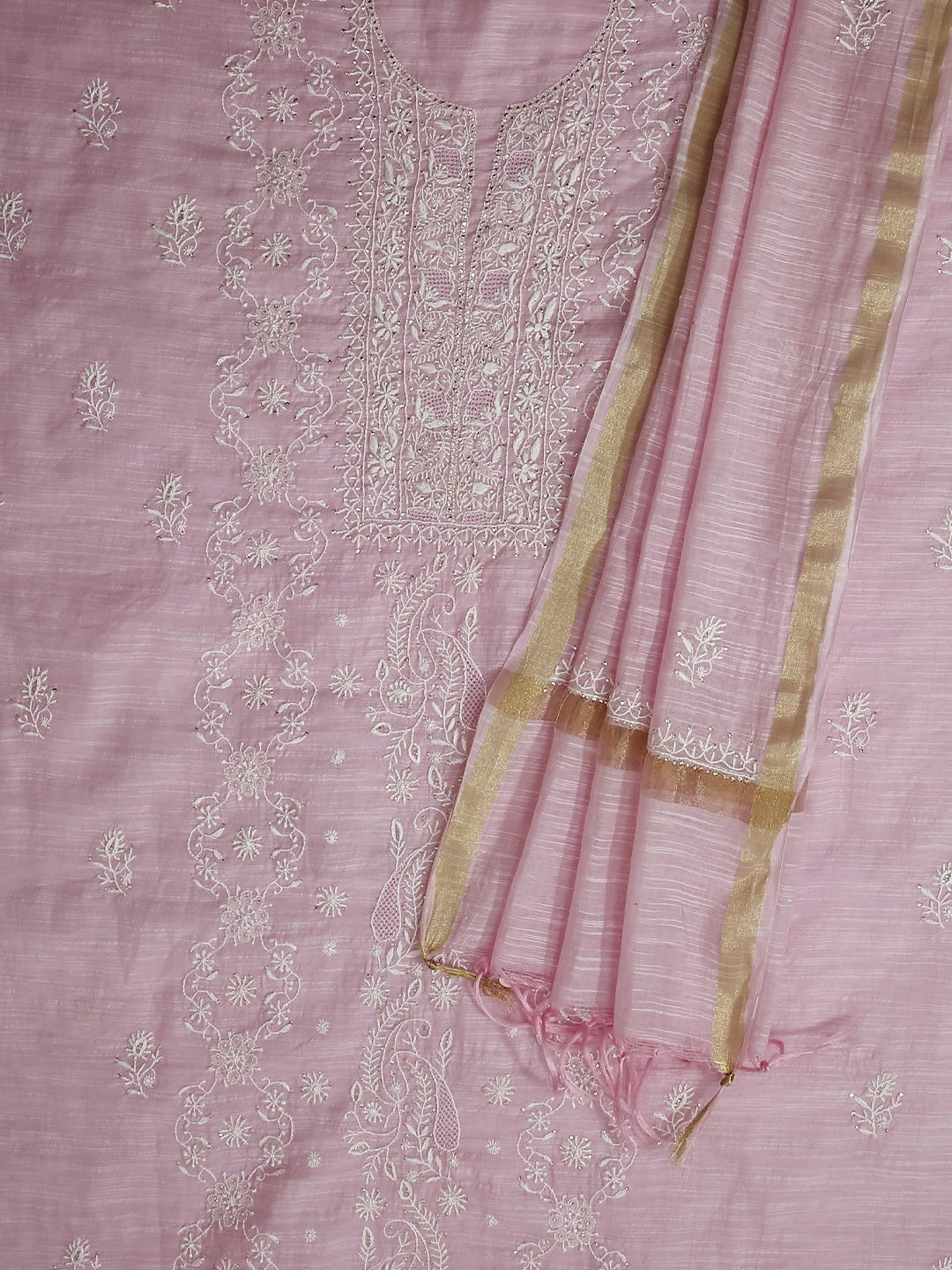 Ada Hand Embroidered Blush Pink Chanderi Lucknowi Chikankari Unstitched Kurta Dupatta Set With Mukaish Work 01A409559