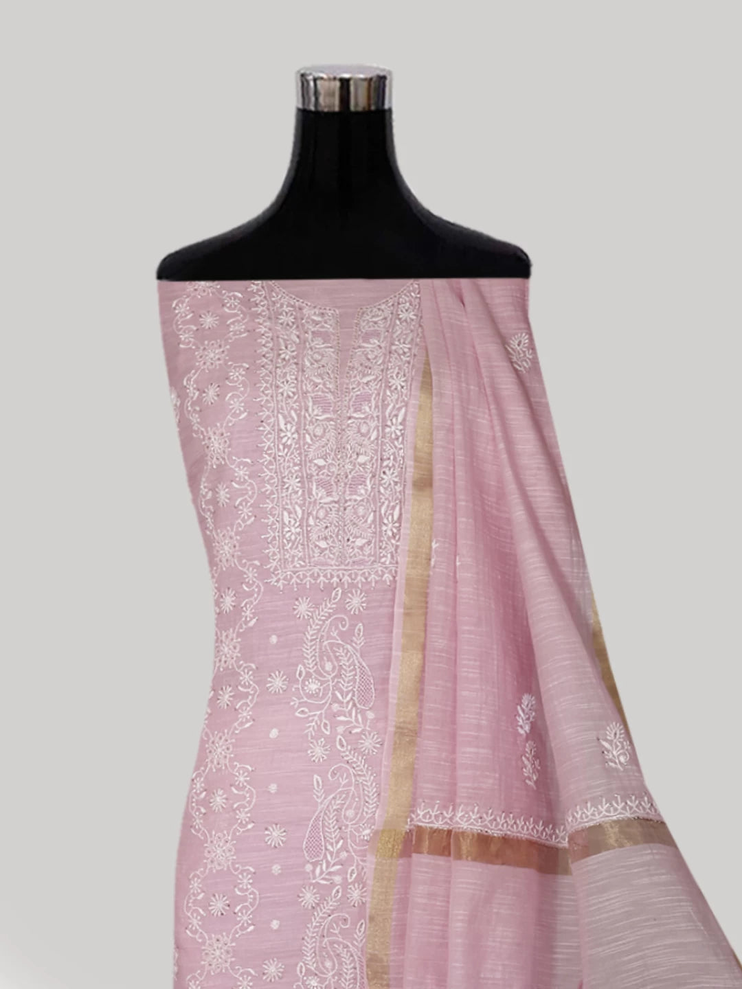 Ada Hand Embroidered Blush Pink Chanderi Lucknowi Chikankari Unstitched Kurta Dupatta Set With Mukaish Work 01A409559