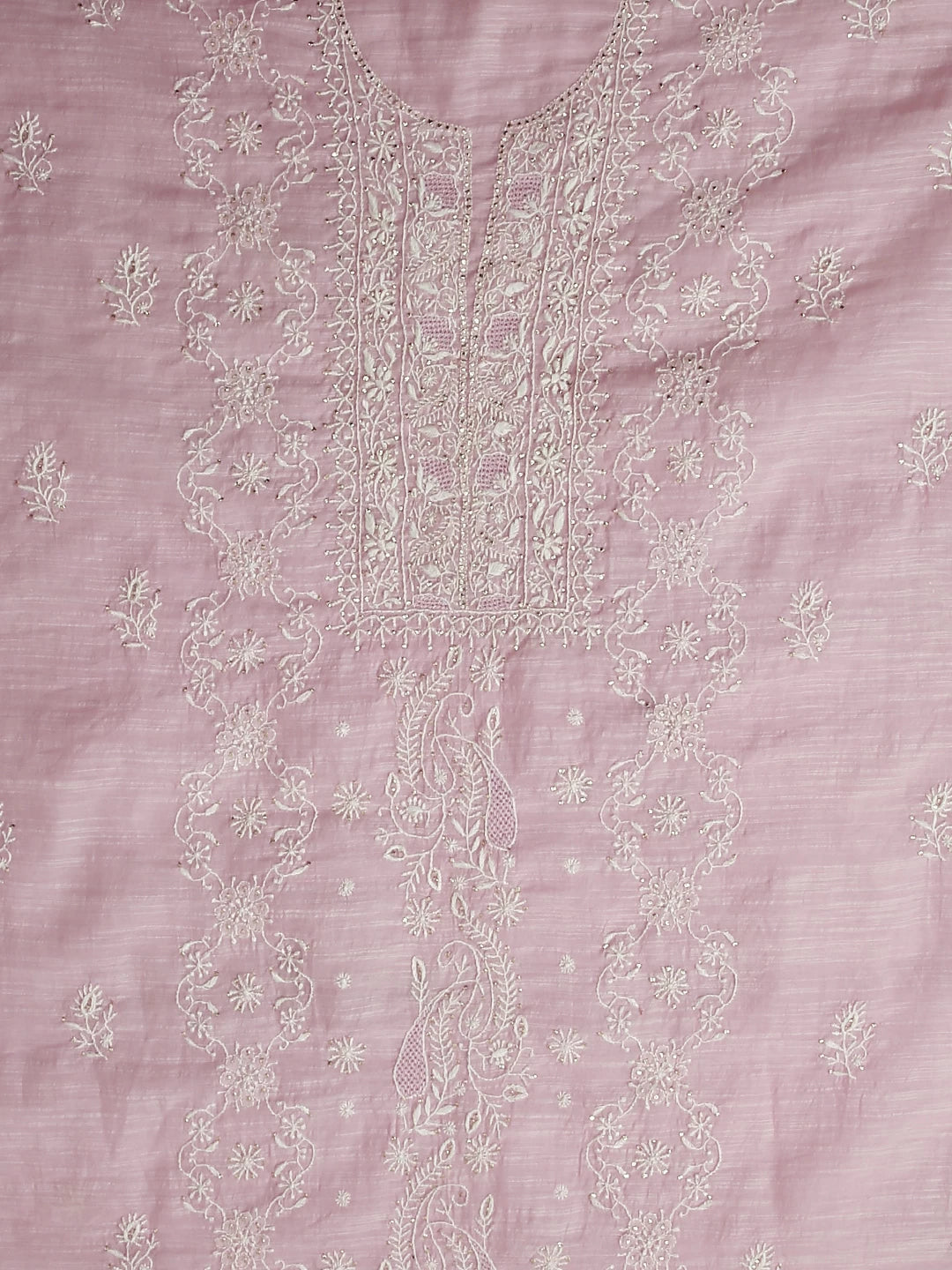 Ada Hand Embroidered Blush Pink Chanderi Lucknowi Chikankari Unstitched Kurta Dupatta Set With Mukaish Work 01A409559
