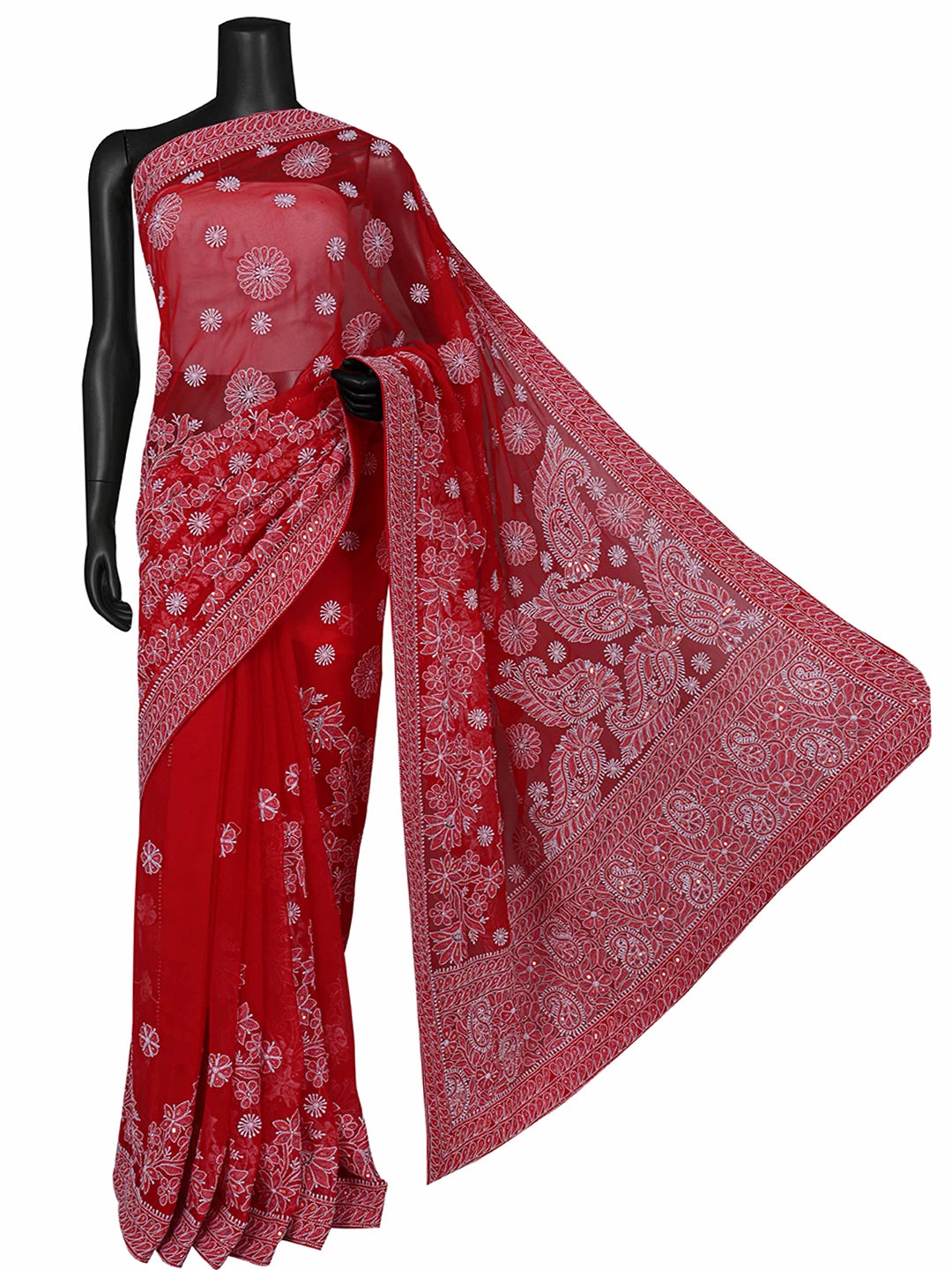 Ada Hand Embroidered Scarlet Red Georgette Lucknowi Chikankari Saree/Blouse with Sequinned work 01A142144