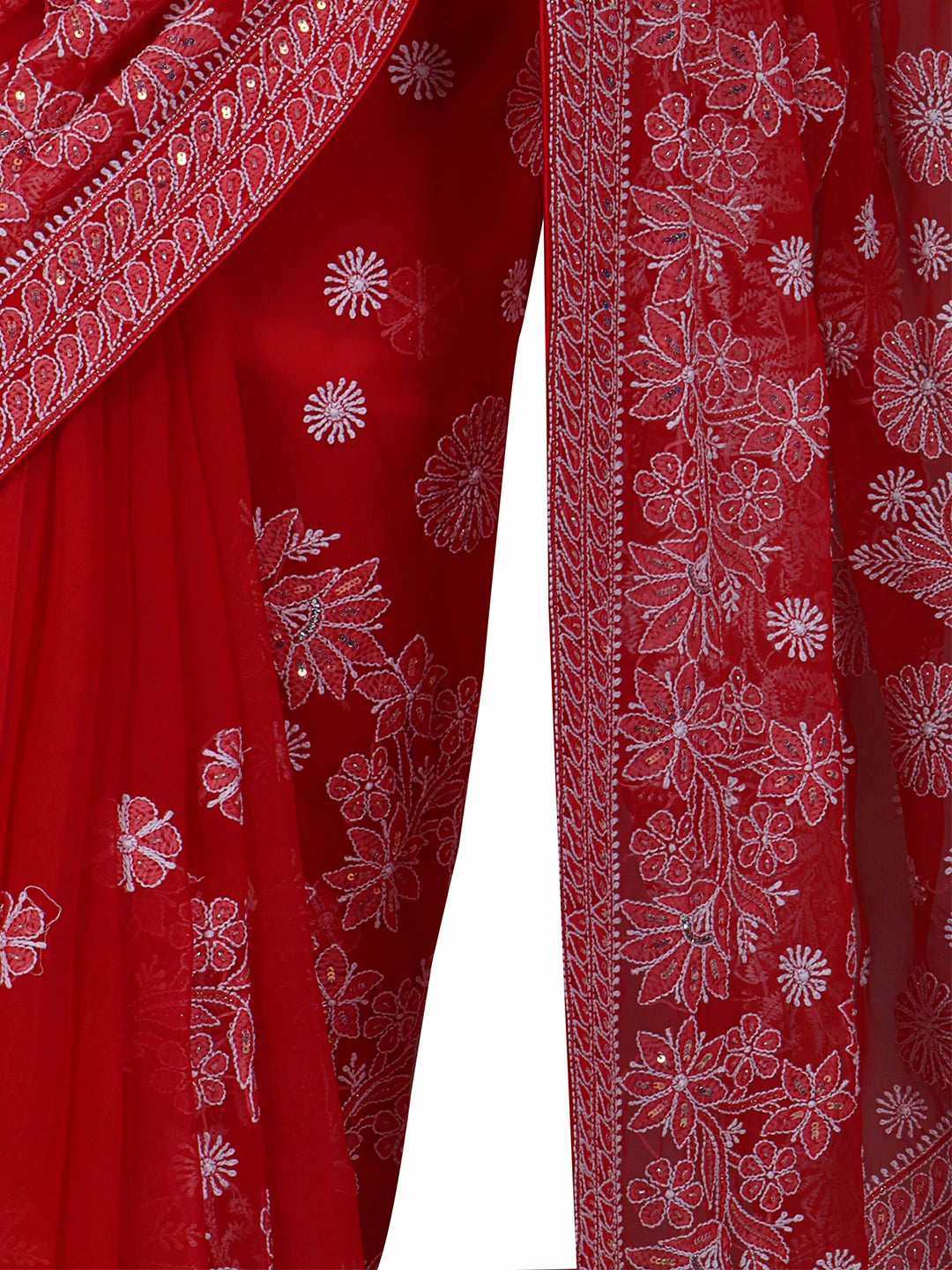 Ada Hand Embroidered Scarlet Red Georgette Lucknowi Chikankari Saree/Blouse with Sequinned work 01A142144