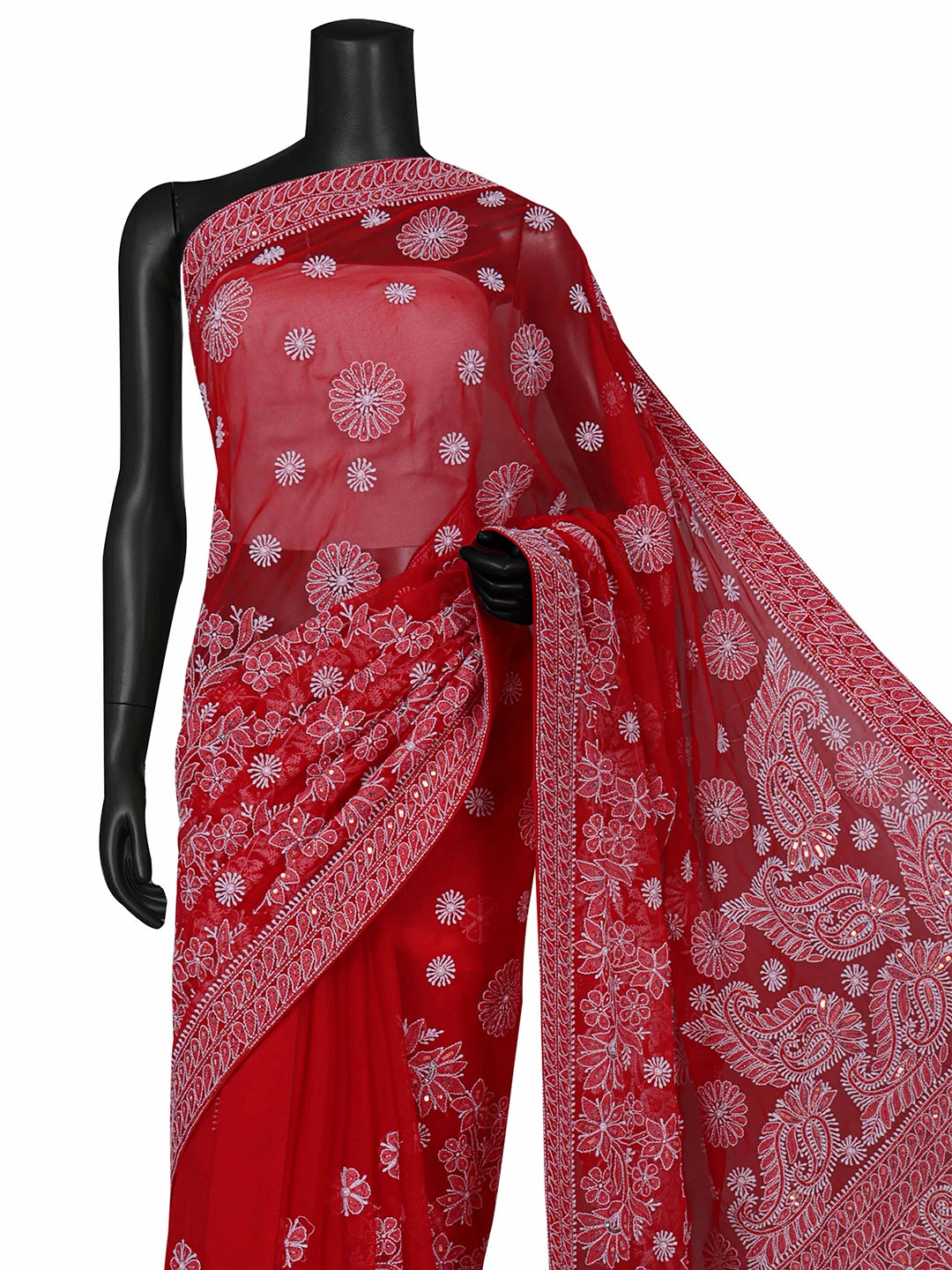 Ada Hand Embroidered Scarlet Red Georgette Lucknowi Chikankari Saree/Blouse with Sequinned work 01A142144