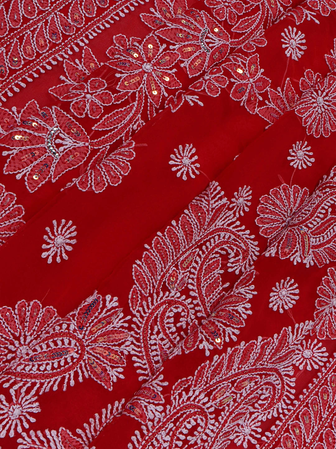 Ada Hand Embroidered Scarlet Red Georgette Lucknowi Chikankari Saree/Blouse with Sequinned work 01A142144