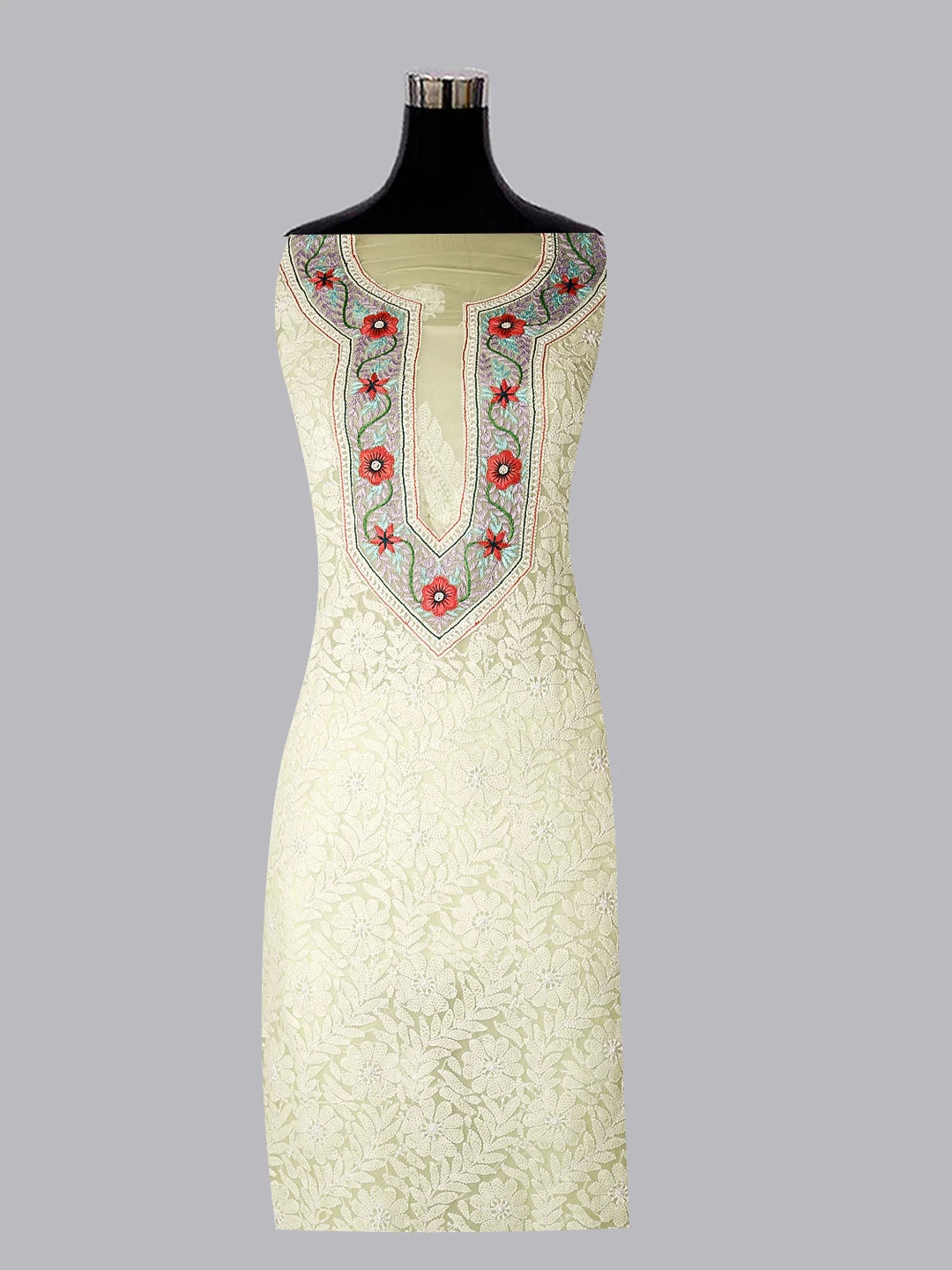 Ada Hand Embroidered Lemon Georgette Lucknowi Chikankari Unstitched Suit Piece With Parsi Work A211305