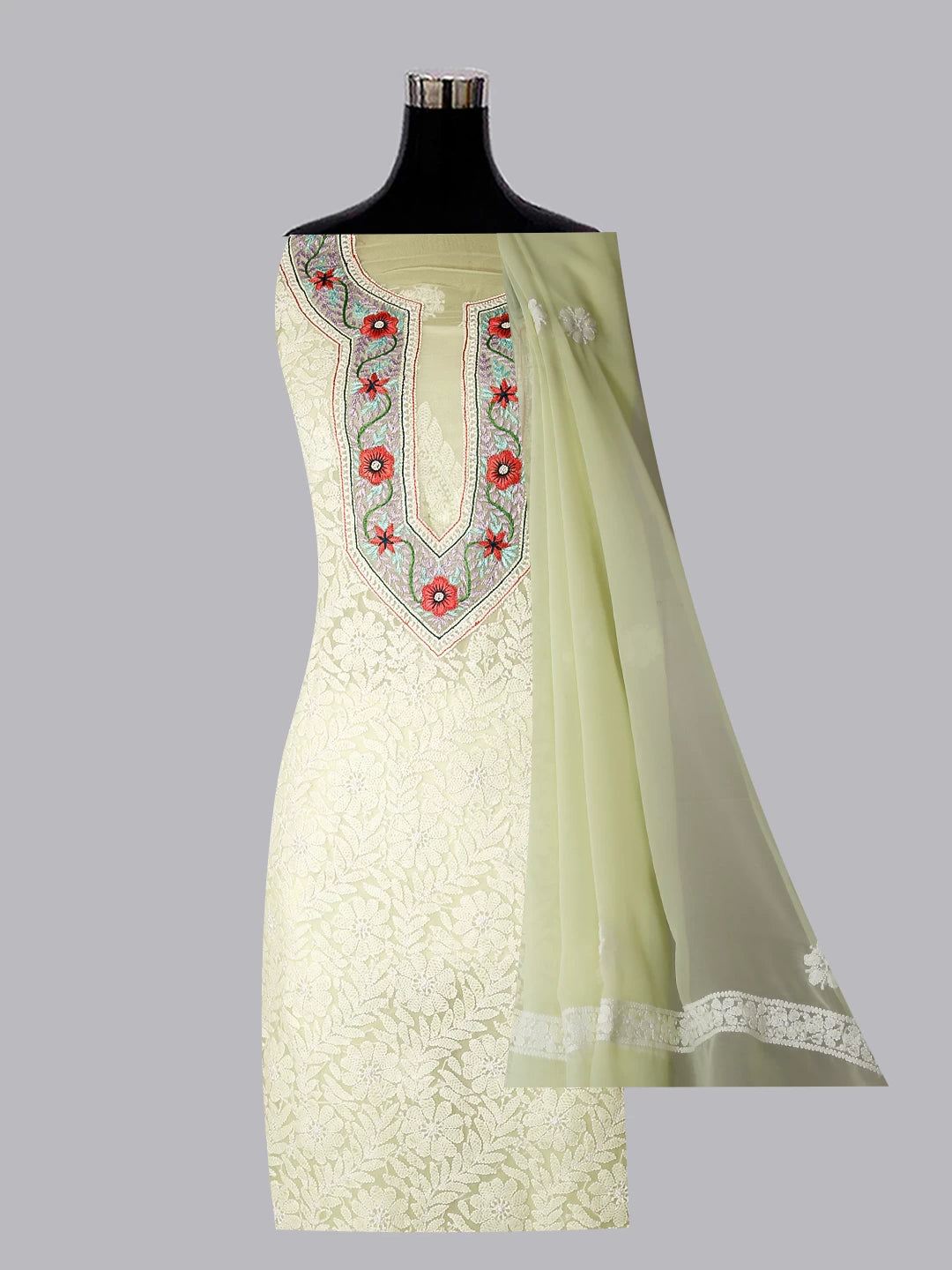 Ada Hand Embroidered Lemon Georgette Lucknowi Chikankari Unstitched Suit Piece With Parsi Work A211305