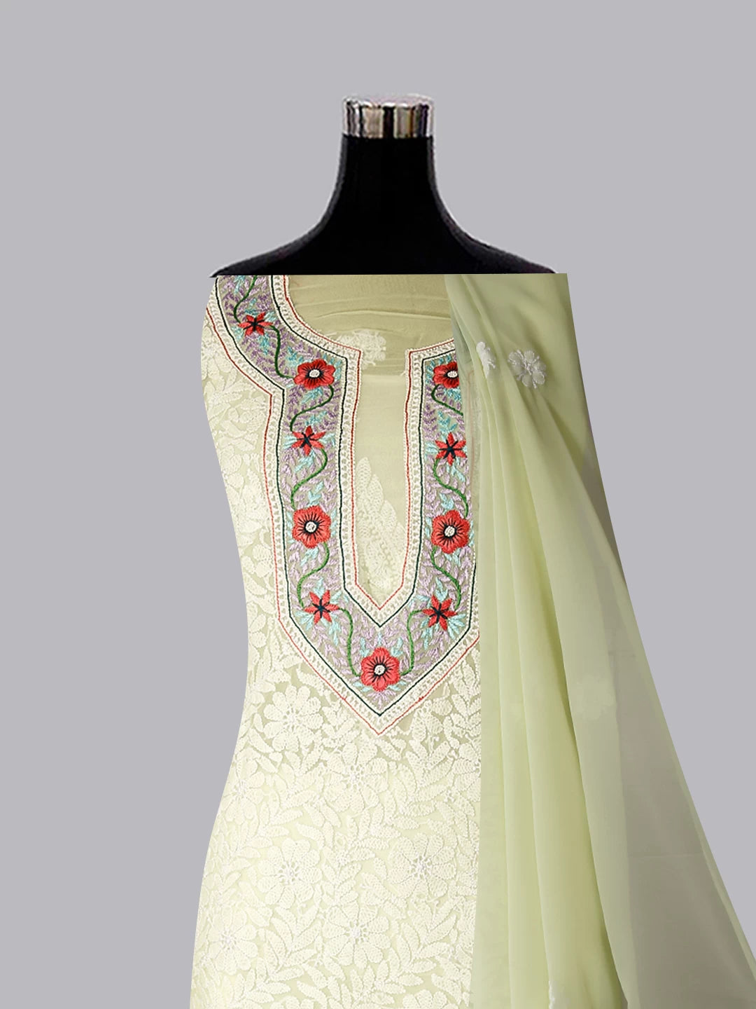 Ada Hand Embroidered Lemon Georgette Lucknowi Chikankari Unstitched Suit Piece With Parsi Work A211305