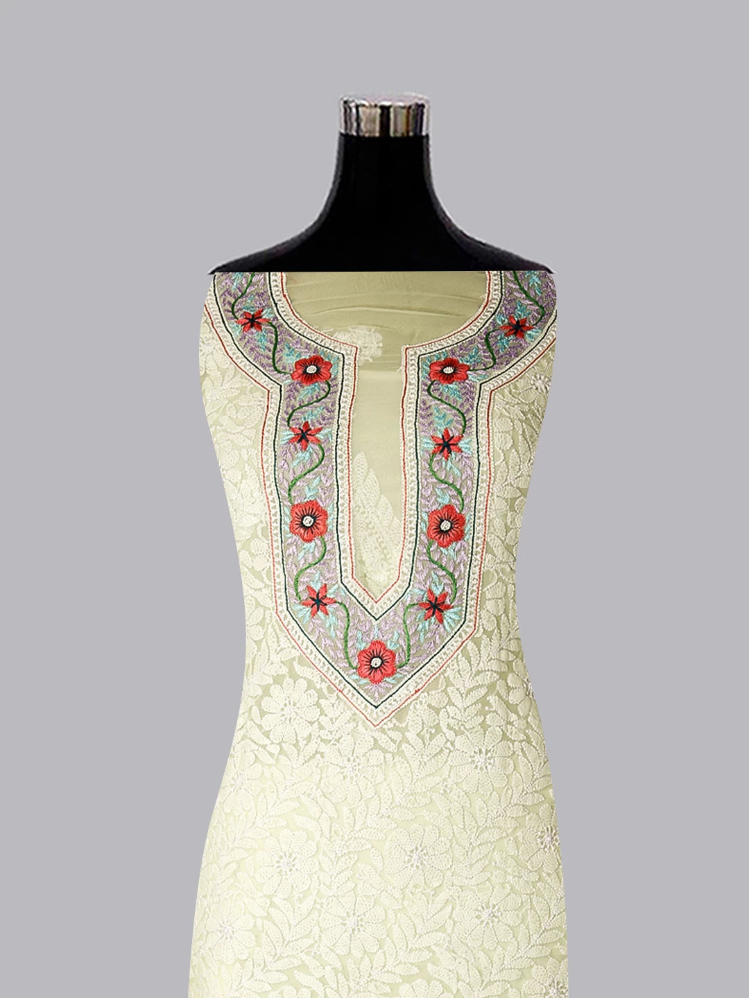 Ada Hand Embroidered Lemon Georgette Lucknowi Chikankari Unstitched Suit Piece With Parsi Work A211305