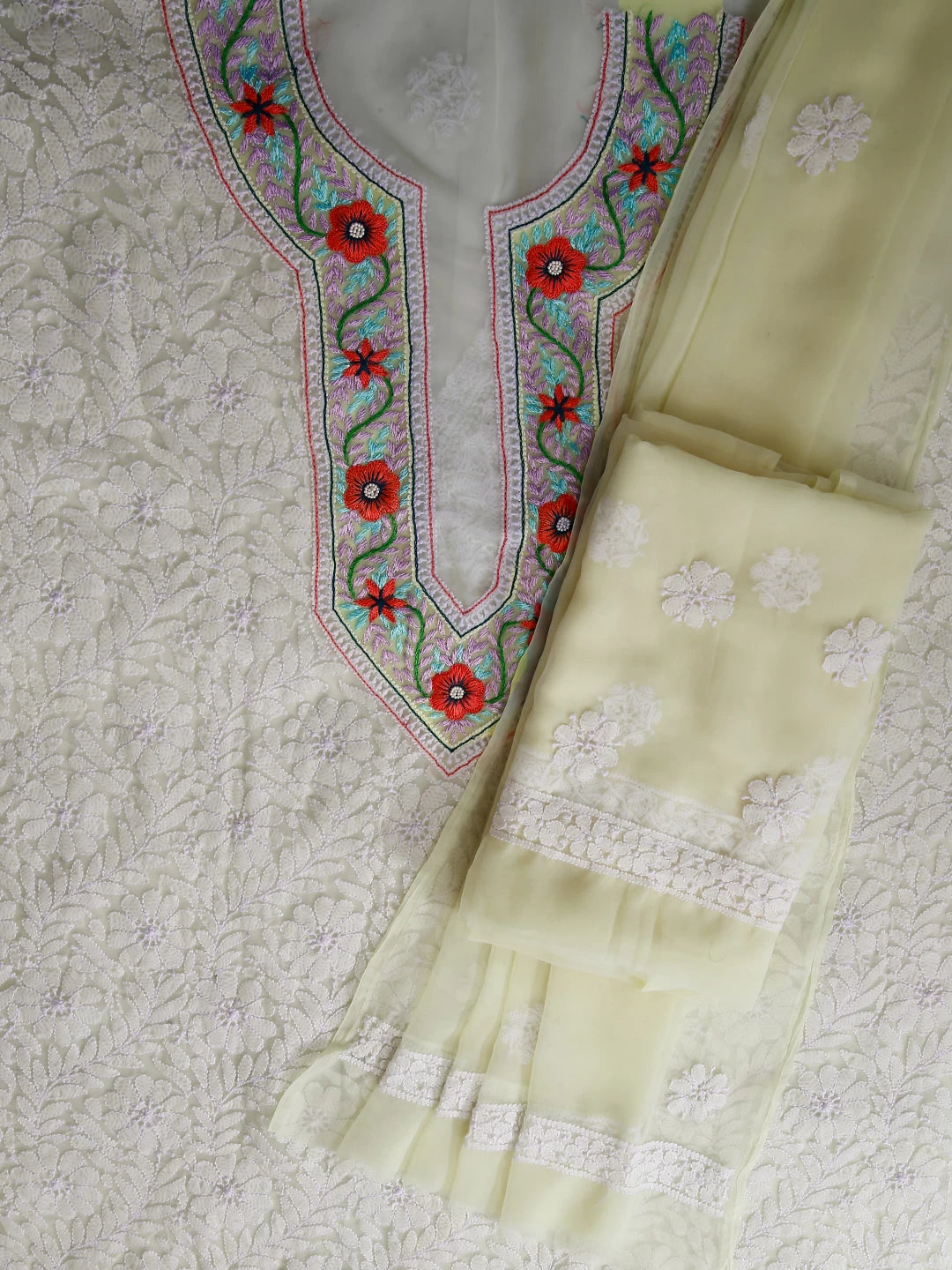 Ada Hand Embroidered Lemon Georgette Lucknowi Chikankari Unstitched Suit Piece With Parsi Work A211305