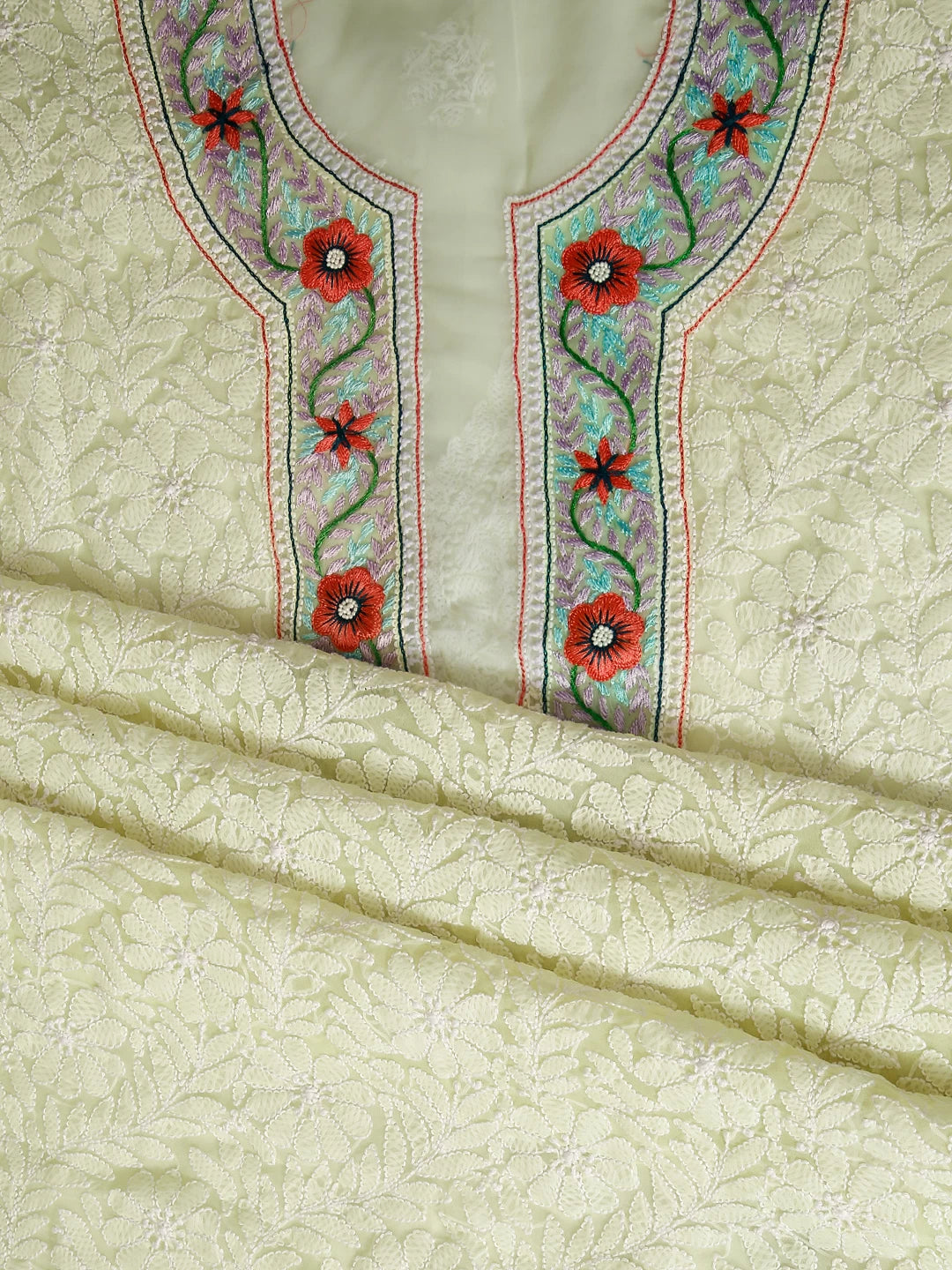 Ada Hand Embroidered Lemon Georgette Lucknowi Chikankari Unstitched Suit Piece With Parsi Work A211305