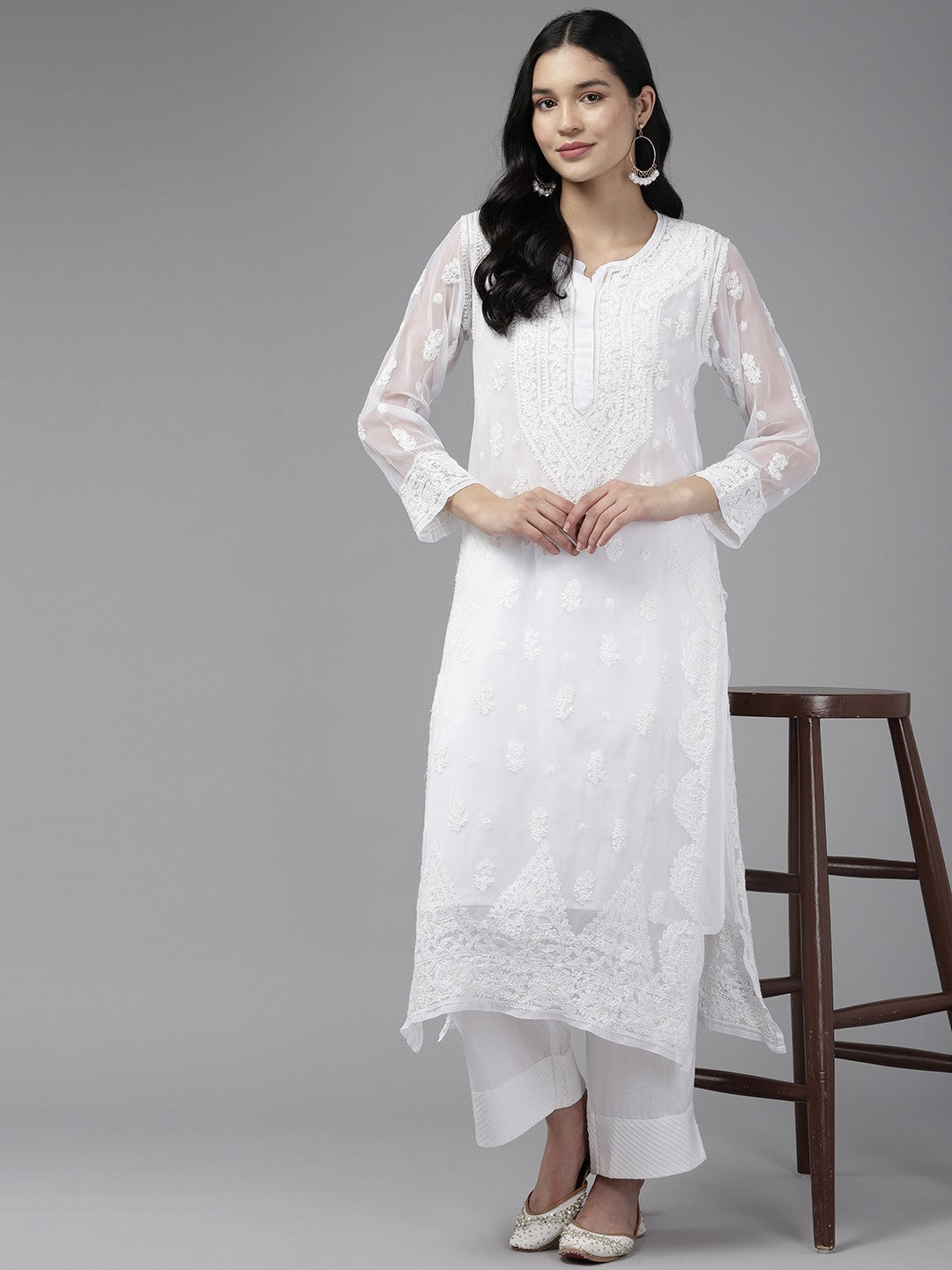 Ada Hand Embroidered White Georgette Lucknowi Chikankari Straight Kurta With Slip A411426