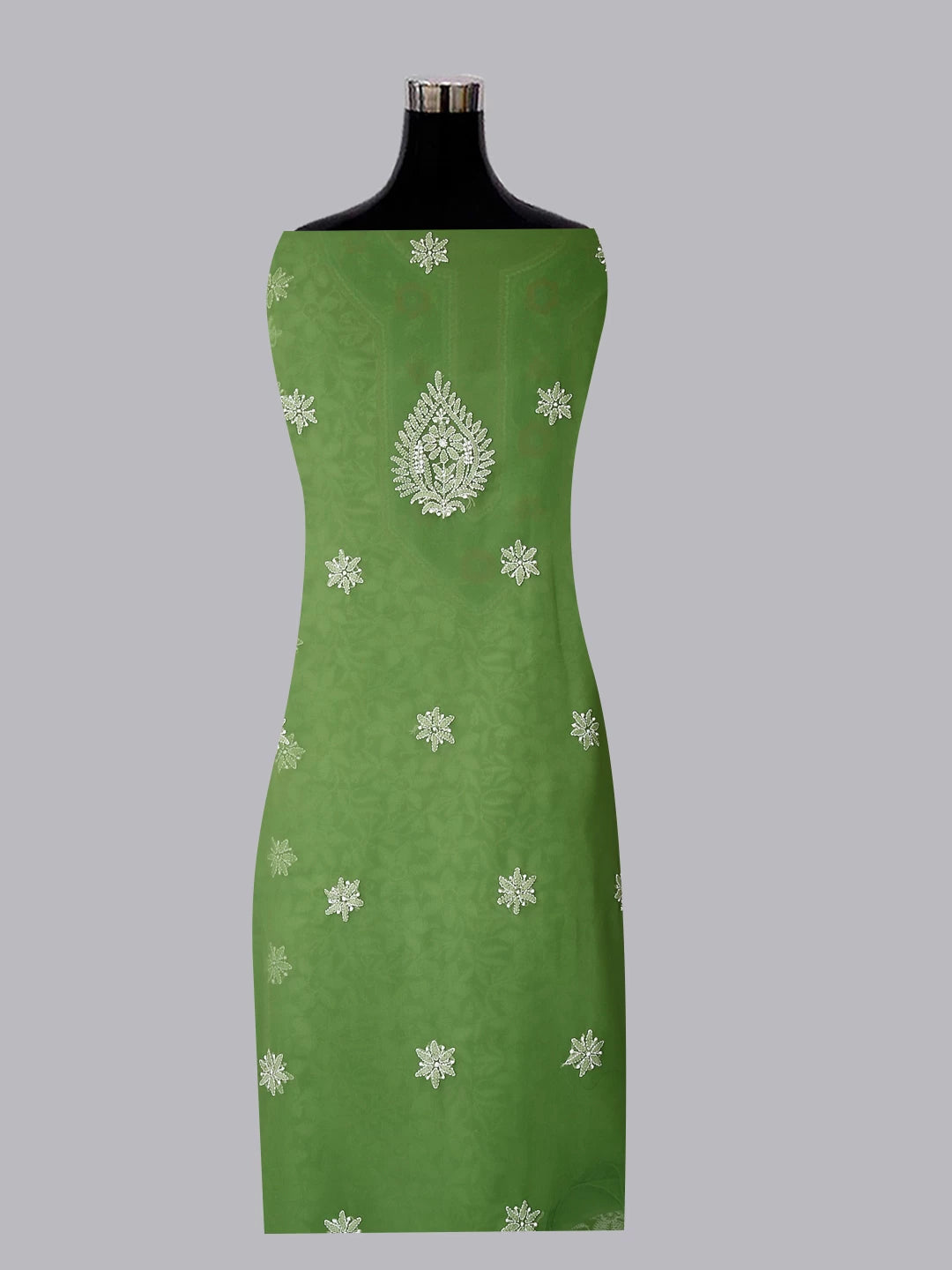 Ada Hand Embroidered Green Georgette Lucknowi Chikankari Unstitched Suit Piece With Parsi Work A211299