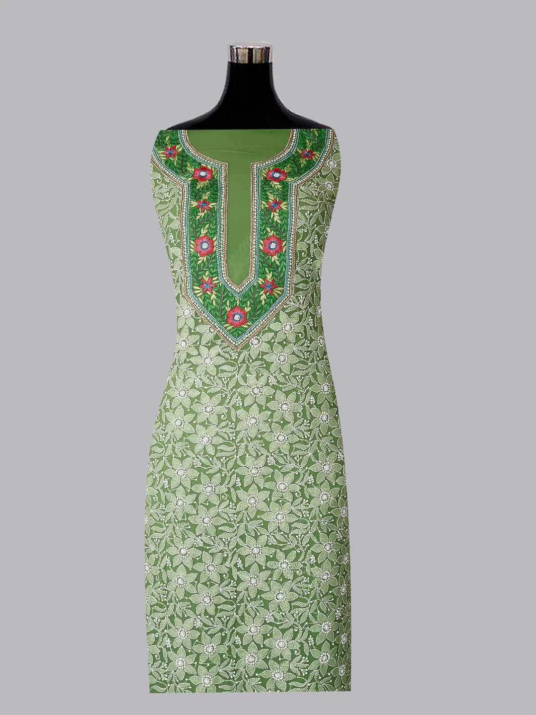 Ada Hand Embroidered Green Georgette Lucknowi Chikankari Unstitched Suit Piece With Parsi Work A211299