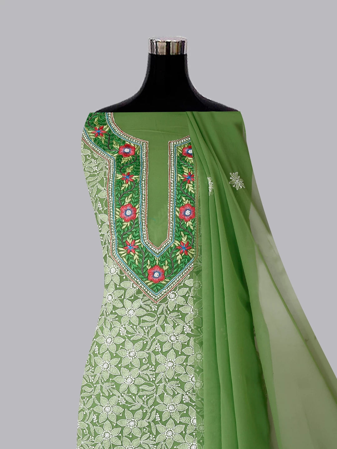 Ada Hand Embroidered Green Georgette Lucknowi Chikankari Unstitched Suit Piece With Parsi Work A211299