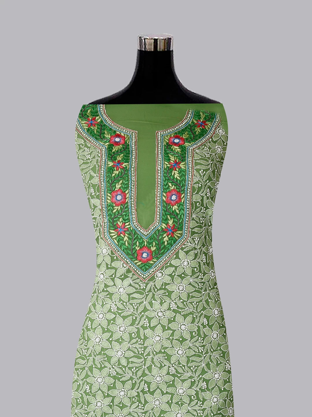 Ada Hand Embroidered Green Georgette Lucknowi Chikankari Unstitched Suit Piece With Parsi Work A211299