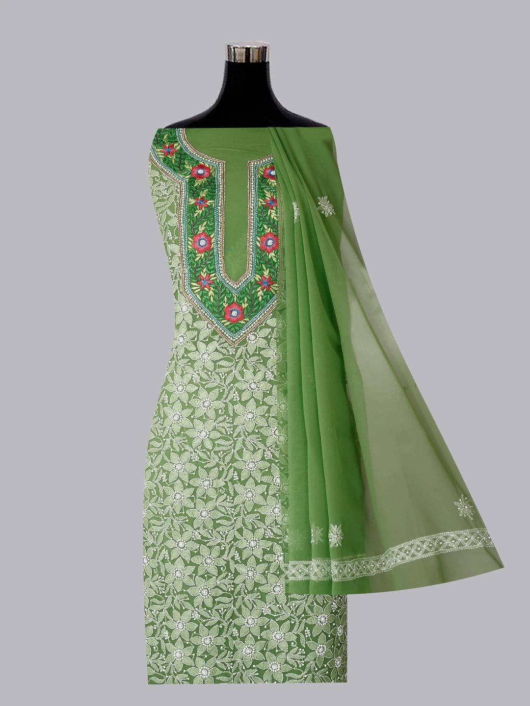 Ada Hand Embroidered Green Georgette Lucknowi Chikankari Unstitched Suit Piece With Parsi Work A211299