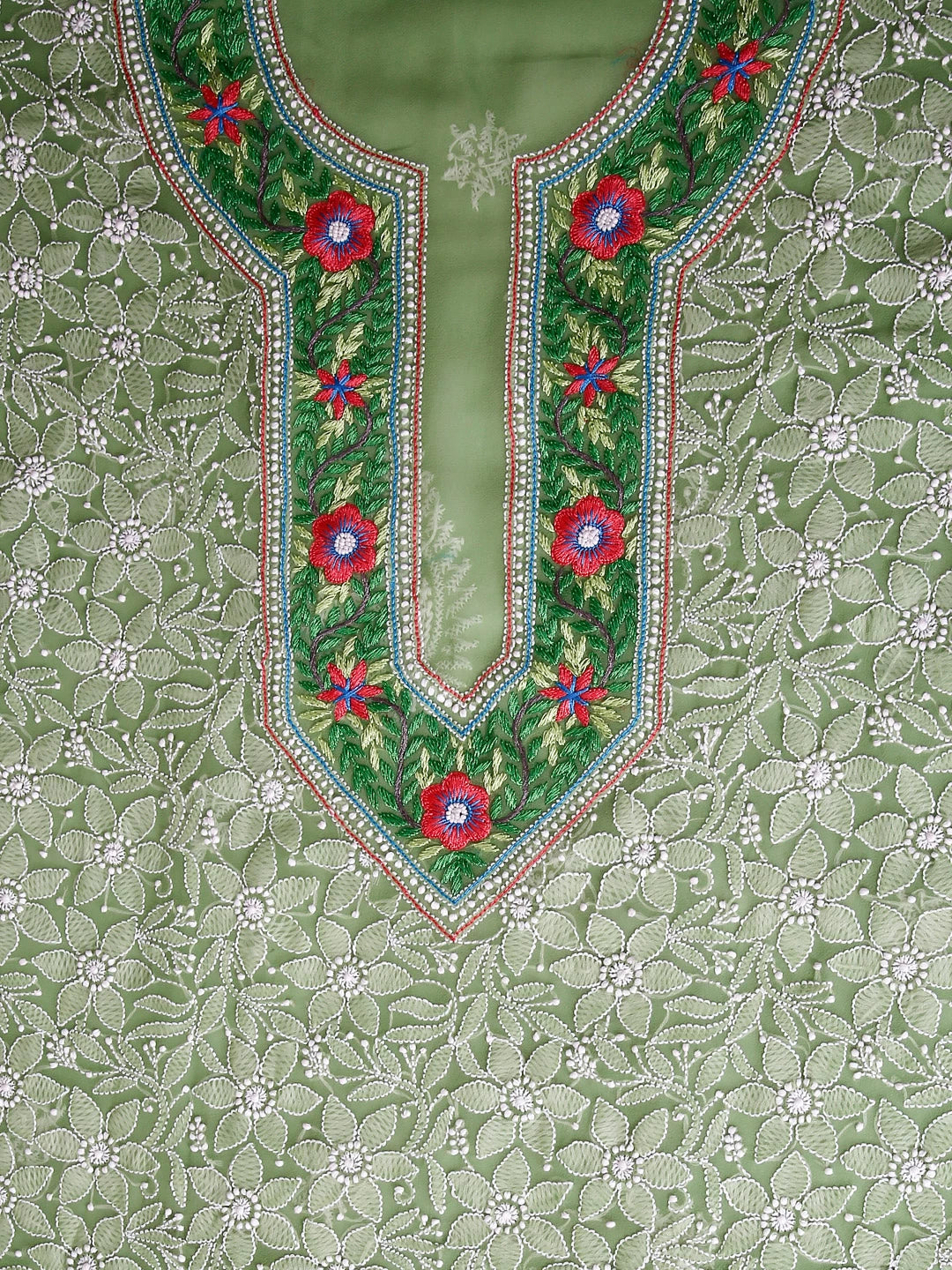 Ada Hand Embroidered Green Georgette Lucknowi Chikankari Unstitched Suit Piece With Parsi Work A211299