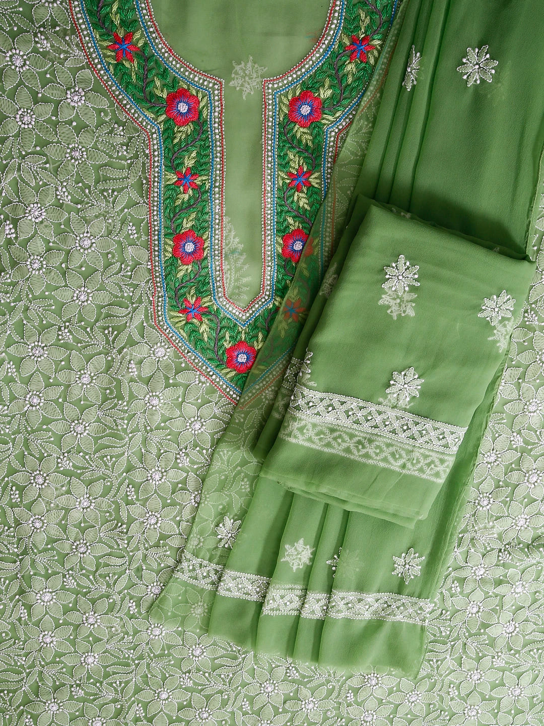 Ada Hand Embroidered Green Georgette Lucknowi Chikankari Unstitched Suit Piece With Parsi Work A211299