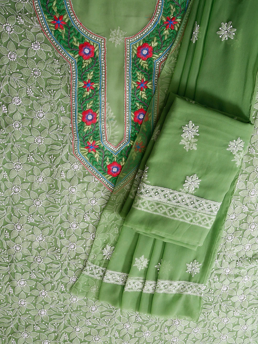 Ada Hand Embroidered Green Georgette Lucknowi Chikankari Unstitched Suit Piece With Parsi Work A211299