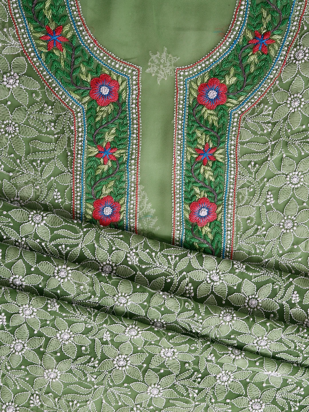 Ada Hand Embroidered Green Georgette Lucknowi Chikankari Unstitched Suit Piece With Parsi Work A211299