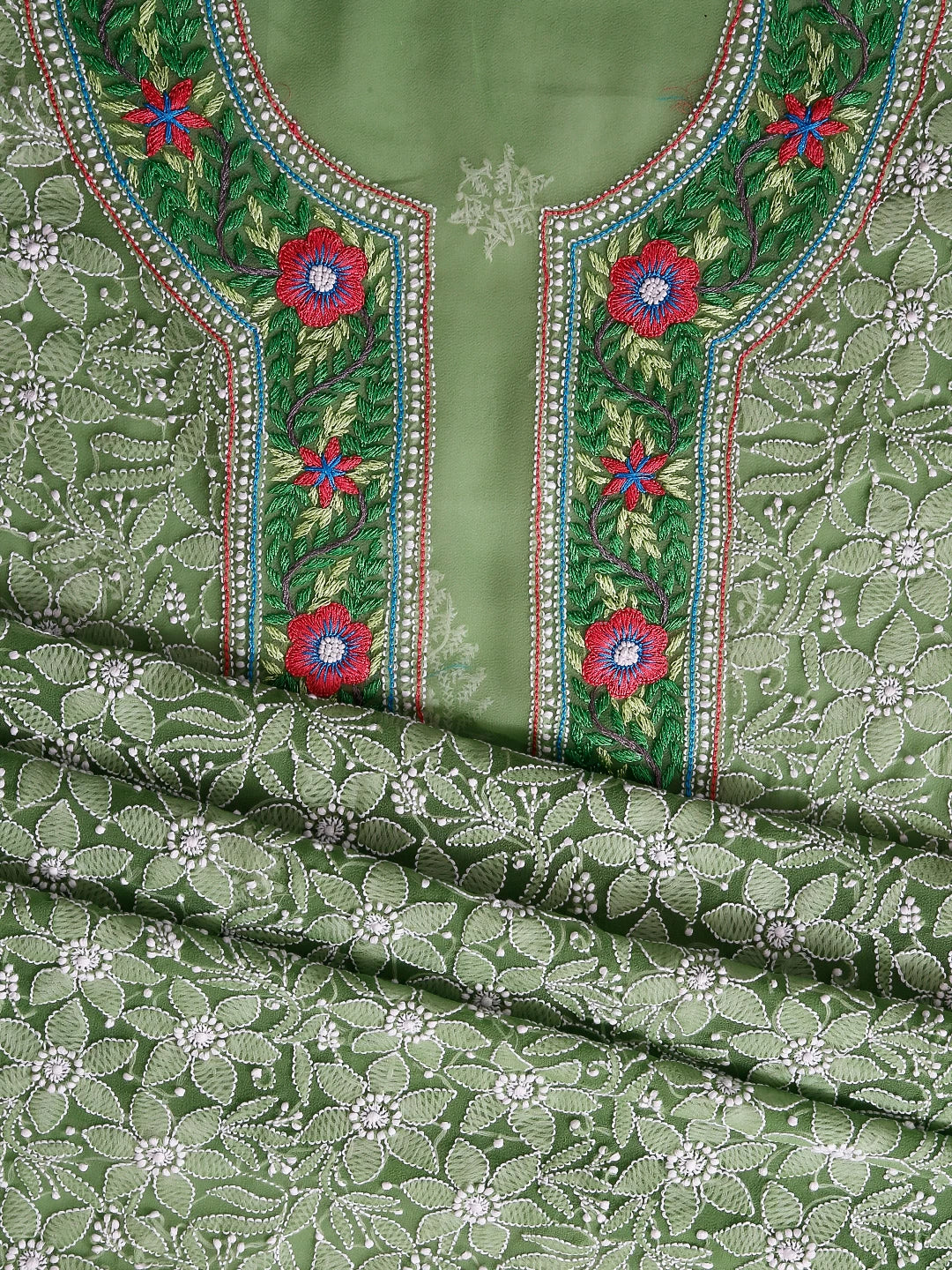 Ada Hand Embroidered Green Georgette Lucknowi Chikankari Unstitched Suit Piece With Parsi Work A211299