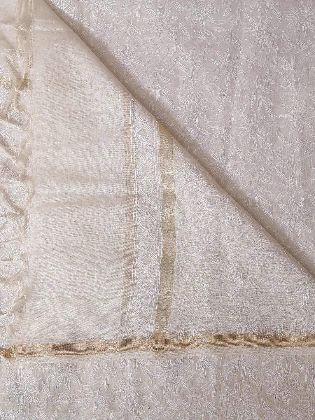 Ada Hand Embroidered Ivory White Chanderi Lucknowi Chikankari Dupatta 01A438976