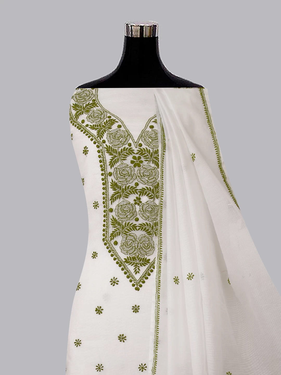 Ada Hand Embroidered White Super Net Lucknowi Chikankari Unstitched Kurta Dupatta Set 01A409822