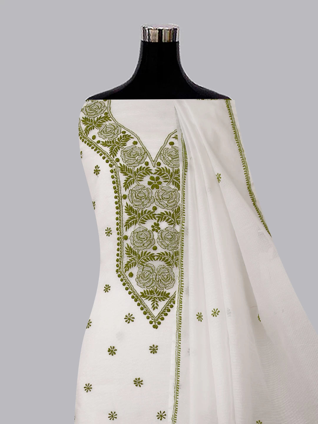 Ada Hand Embroidered White Super Net Lucknowi Chikankari Unstitched Kurta Dupatta Set 01A409822