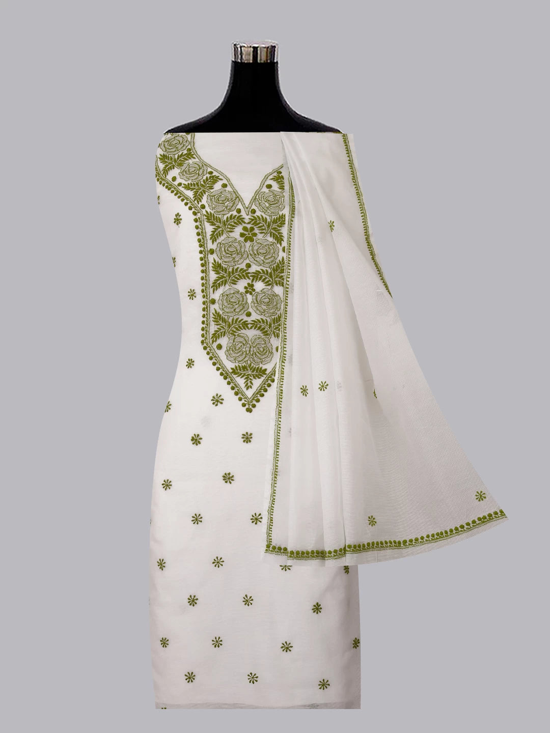 Ada Hand Embroidered White Super Net Lucknowi Chikankari Unstitched Kurta Dupatta Set 01A409822