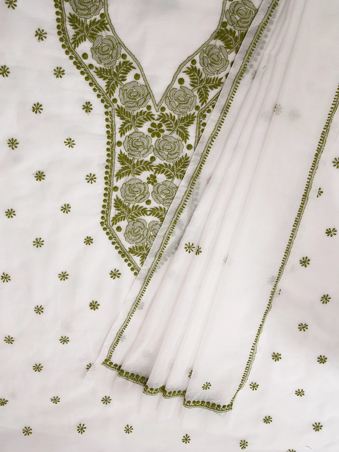 Ada Hand Embroidered White Super Net Lucknowi Chikankari Unstitched Kurta Dupatta Set 01A409822
