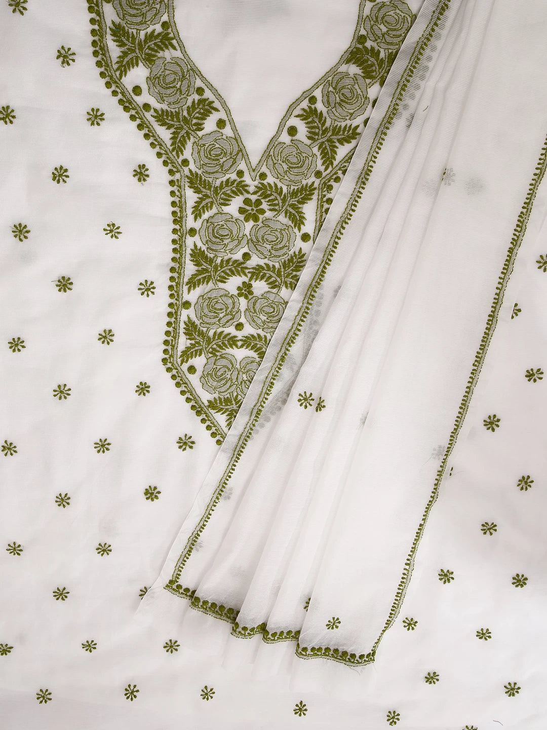 Ada Hand Embroidered White Super Net Lucknowi Chikankari Unstitched Kurta Dupatta Set 01A409822