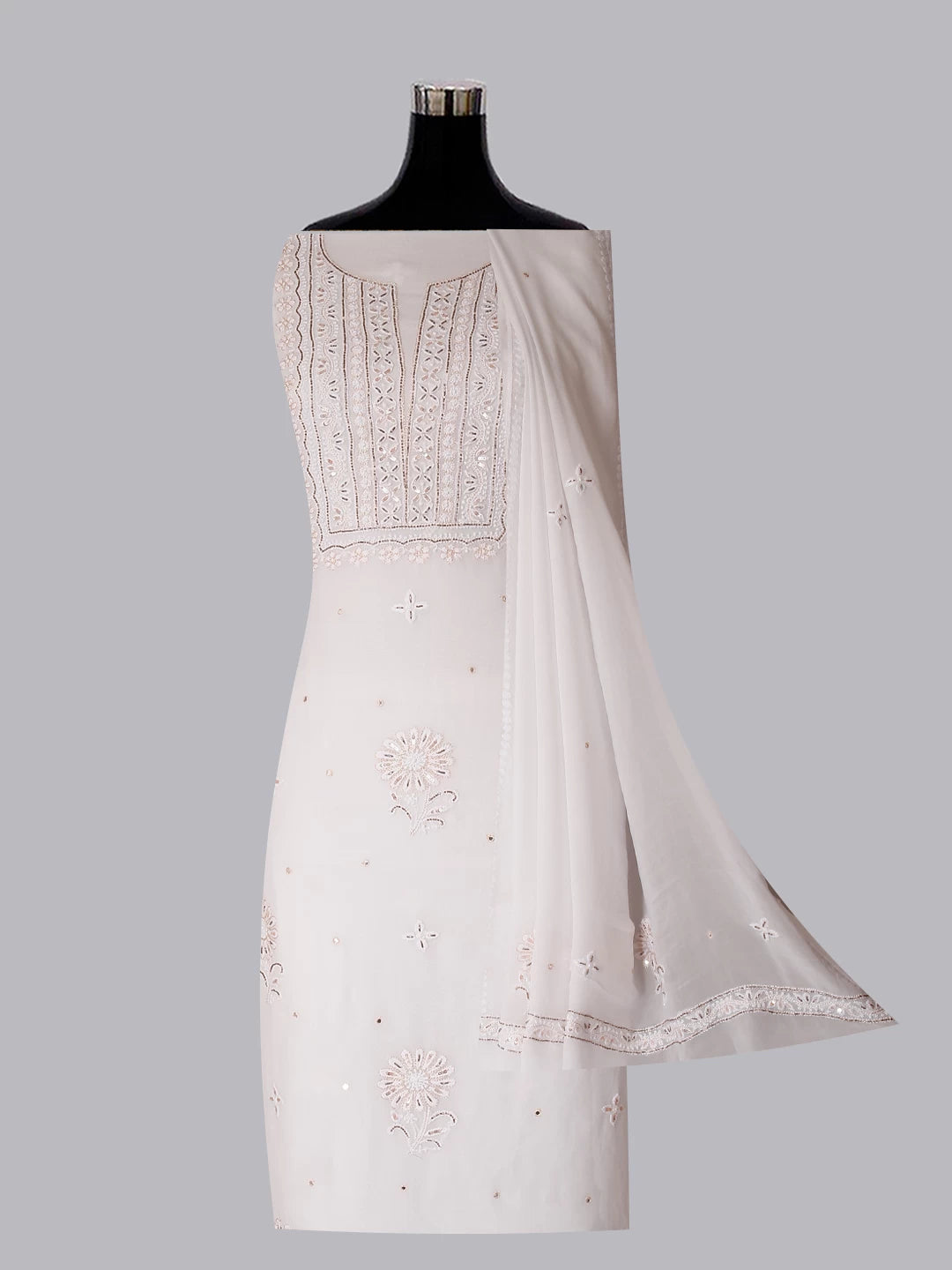 Ada Hand Embroidered White Viscose Georgette Lucknowi Chikankari Unstitched Kurta Dupatta Set With Cutdana Work 01A338375