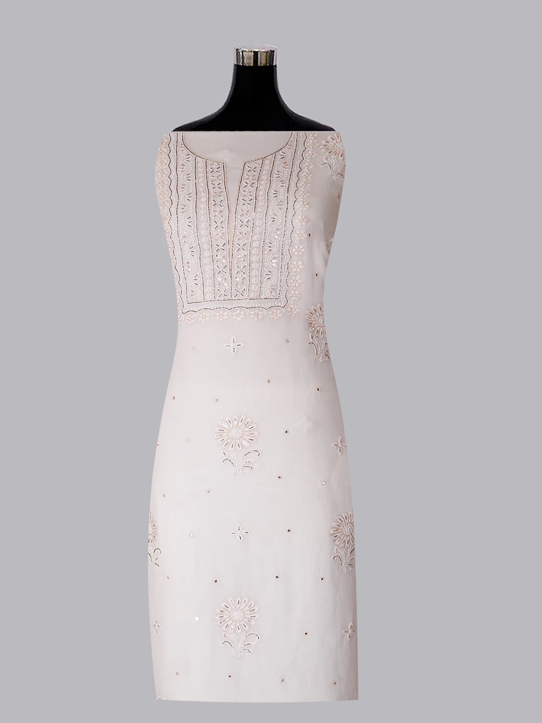 Ada Hand Embroidered White Viscose Georgette Lucknowi Chikankari Unstitched Kurta Dupatta Set With Cutdana Work 01A338375