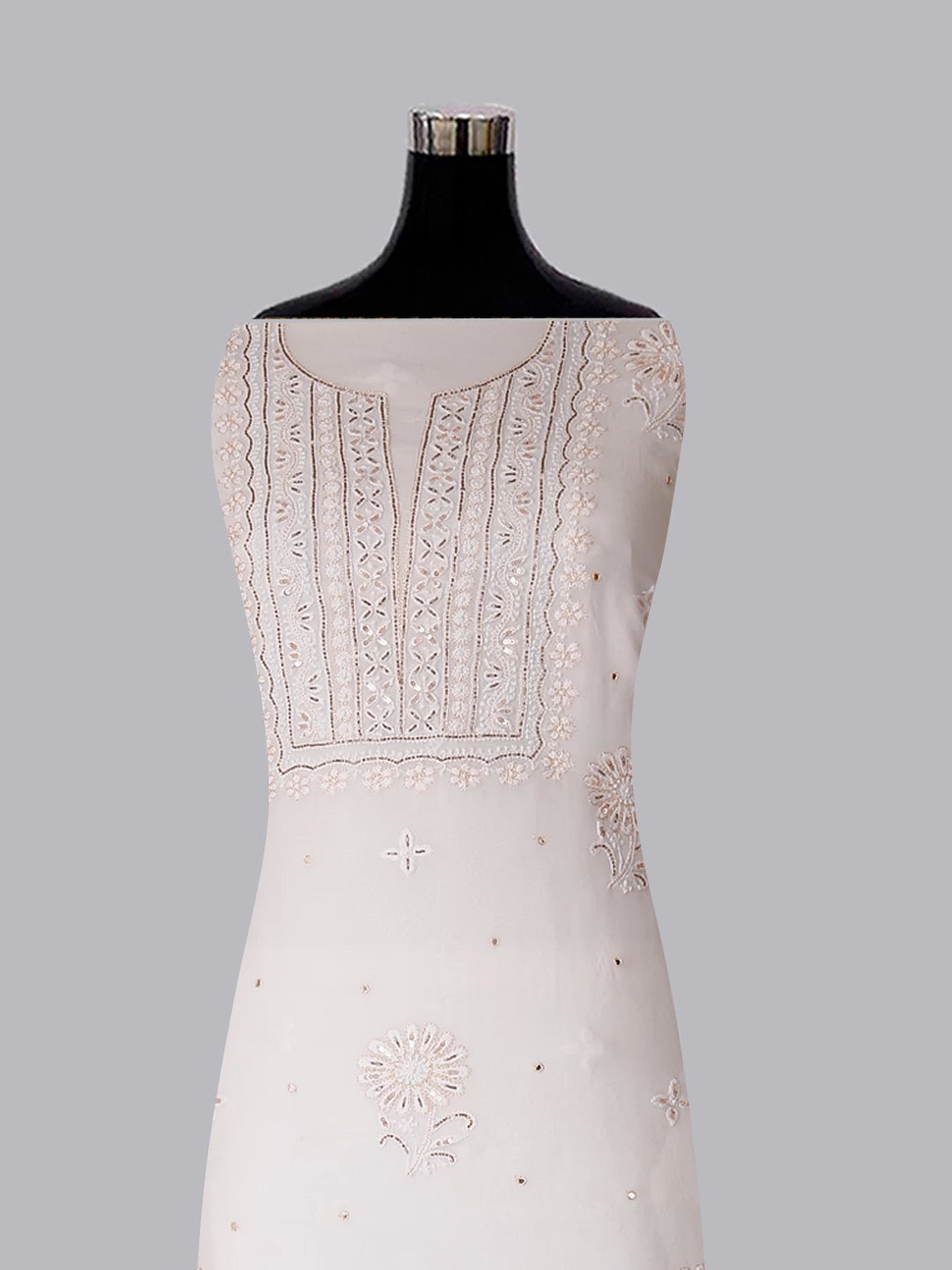 Ada Hand Embroidered White Viscose Georgette Lucknowi Chikankari Unstitched Kurta Dupatta Set With Cutdana Work 01A338375