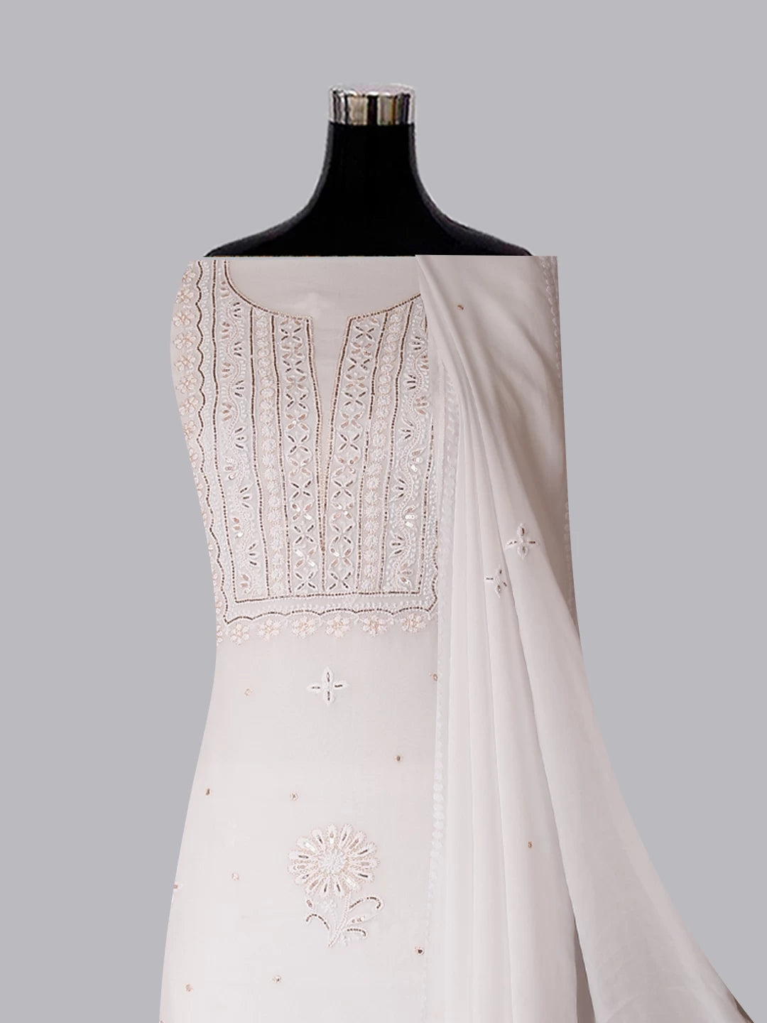 Ada Hand Embroidered White Viscose Georgette Lucknowi Chikankari Unstitched Kurta Dupatta Set With Cutdana Work 01A338375