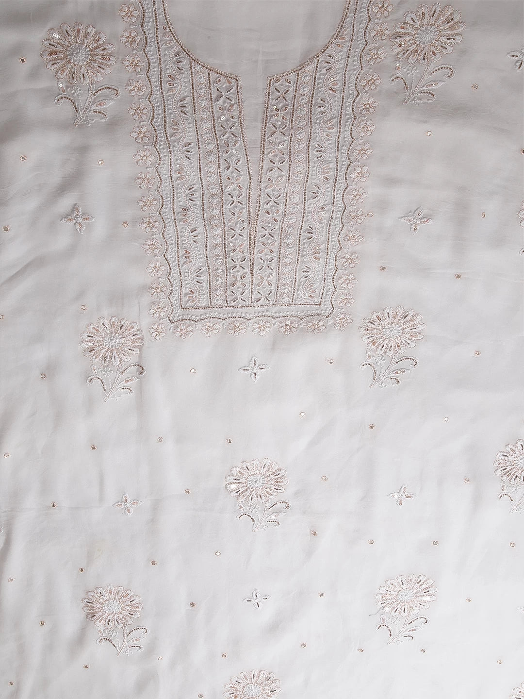 Ada Hand Embroidered White Viscose Georgette Lucknowi Chikankari Unstitched Kurta Dupatta Set With Cutdana Work 01A338375