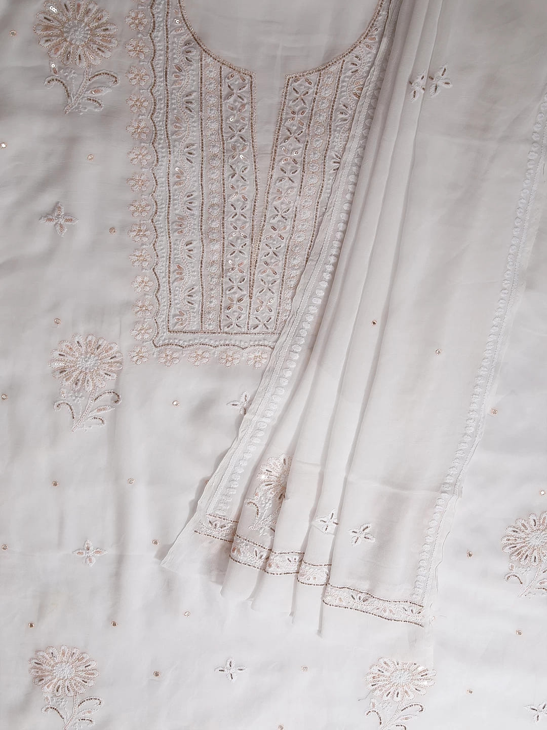 Ada Hand Embroidered White Viscose Georgette Lucknowi Chikankari Unstitched Kurta Dupatta Set With Cutdana Work 01A338375