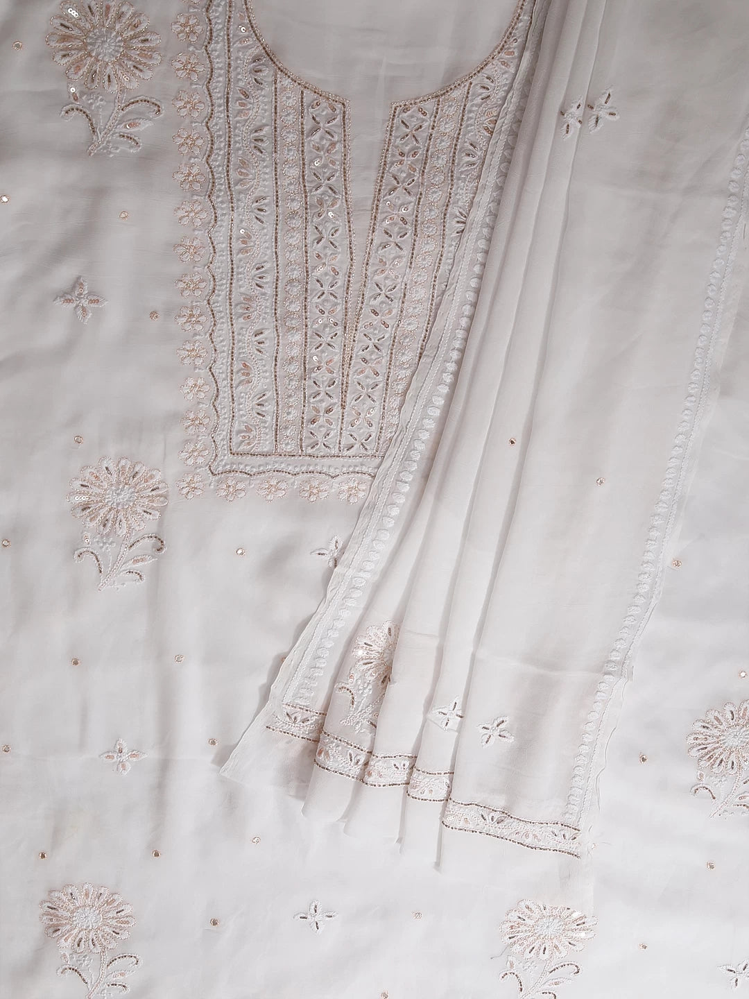 Ada Hand Embroidered White Viscose Georgette Lucknowi Chikankari Unstitched Kurta Dupatta Set With Cutdana Work 01A338375