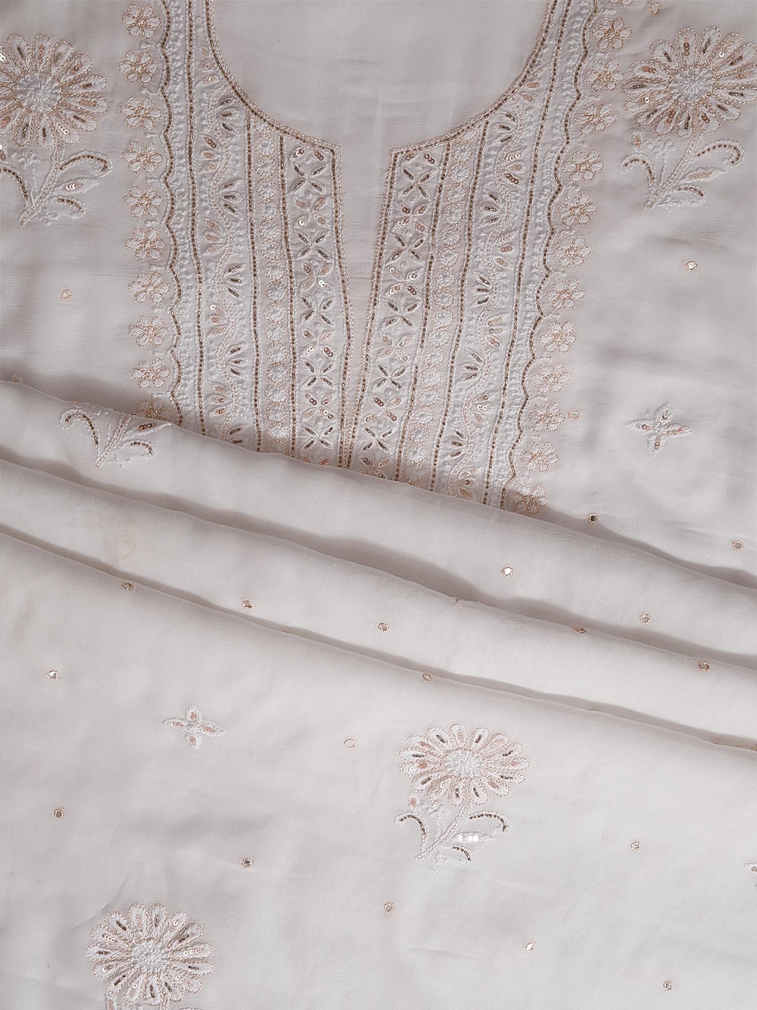 Ada Hand Embroidered White Viscose Georgette Lucknowi Chikankari Unstitched Kurta Dupatta Set With Cutdana Work 01A338375