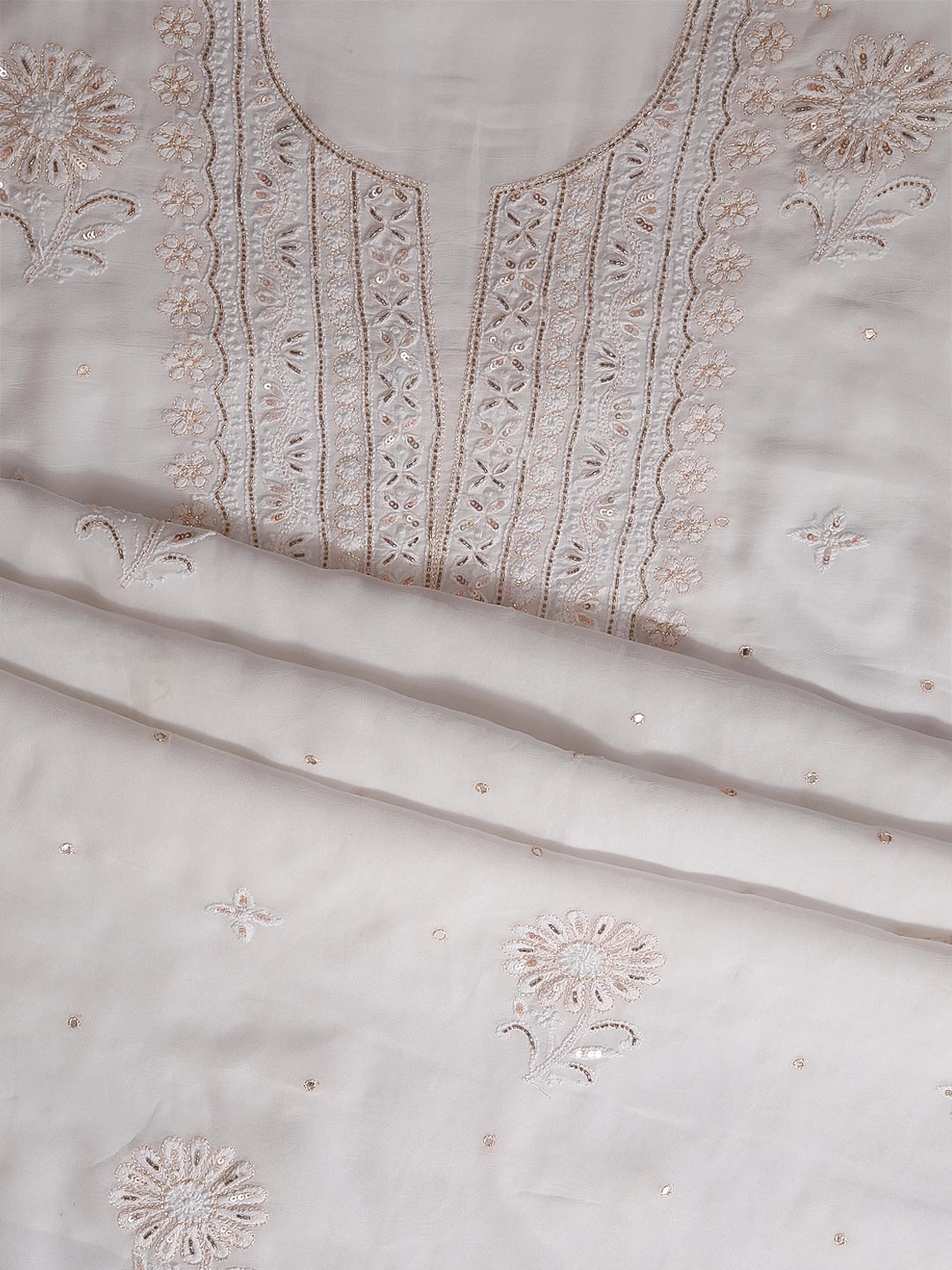 Ada Hand Embroidered White Viscose Georgette Lucknowi Chikankari Unstitched Kurta Dupatta Set With Cutdana Work 01A338375